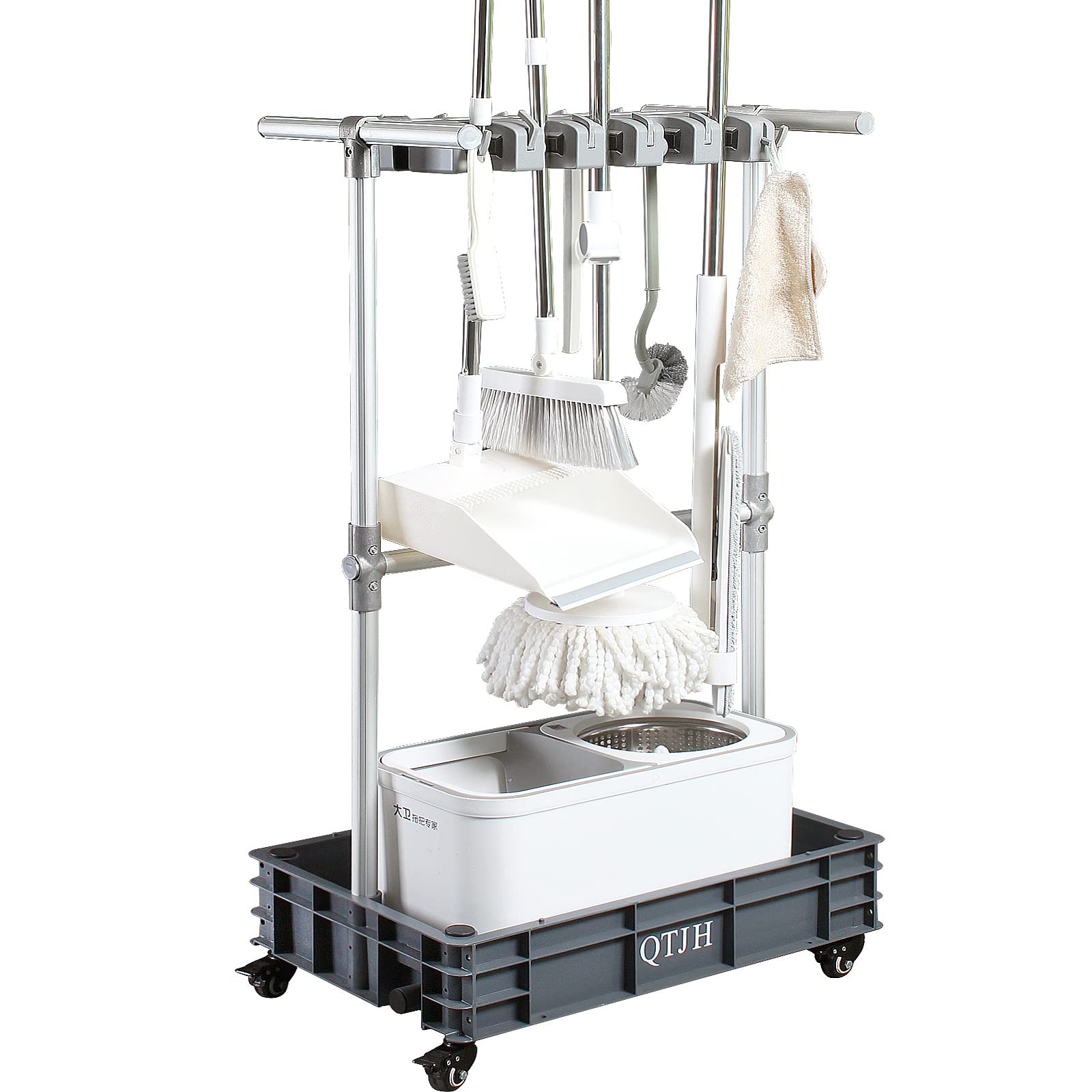 Broom mop holder cleaning supplies organizer janitorial carts on wheels housekeeping station storage tools for garage