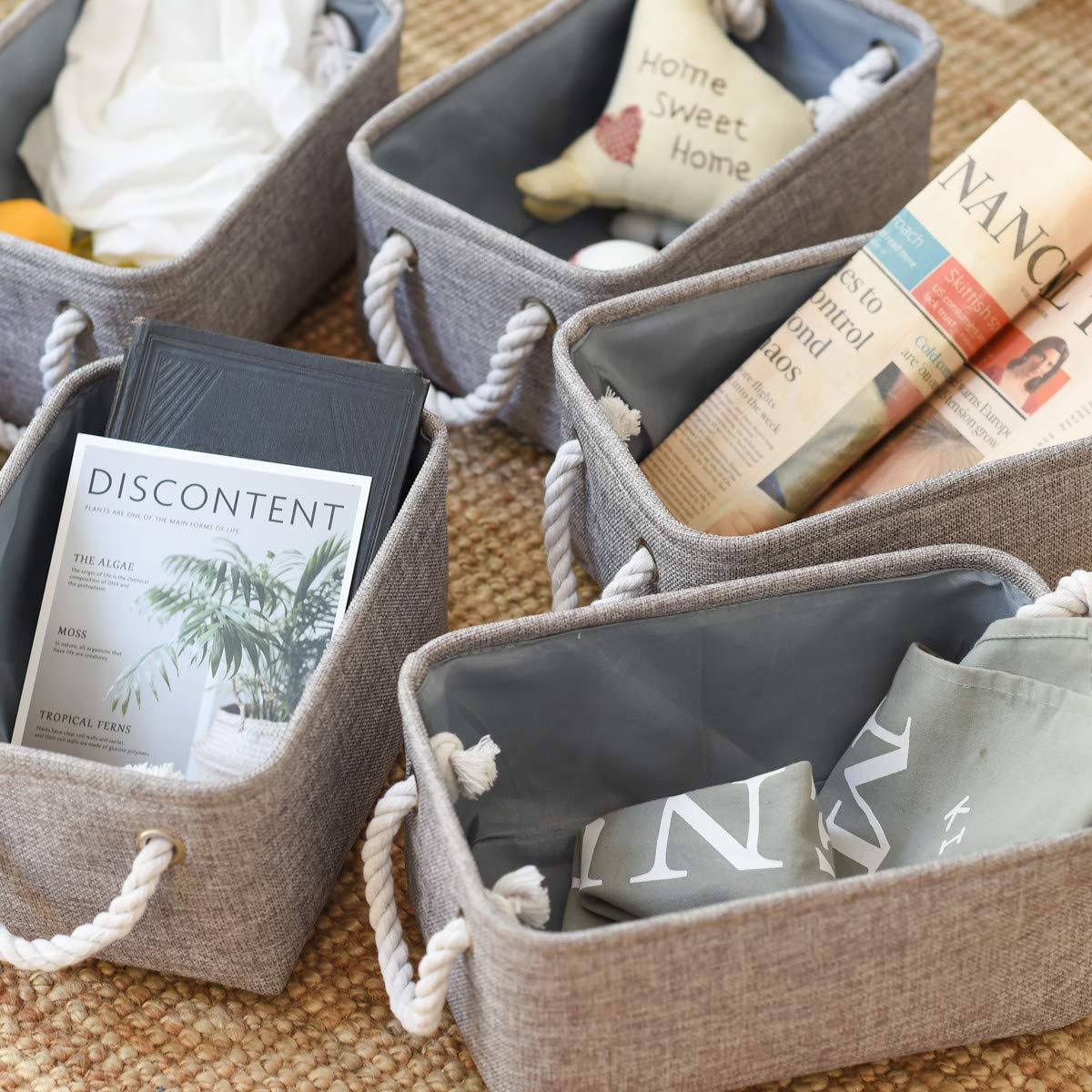 Foldable Small Storage Baskets with Strong Cotton Rope Handles [6 (6 Count)