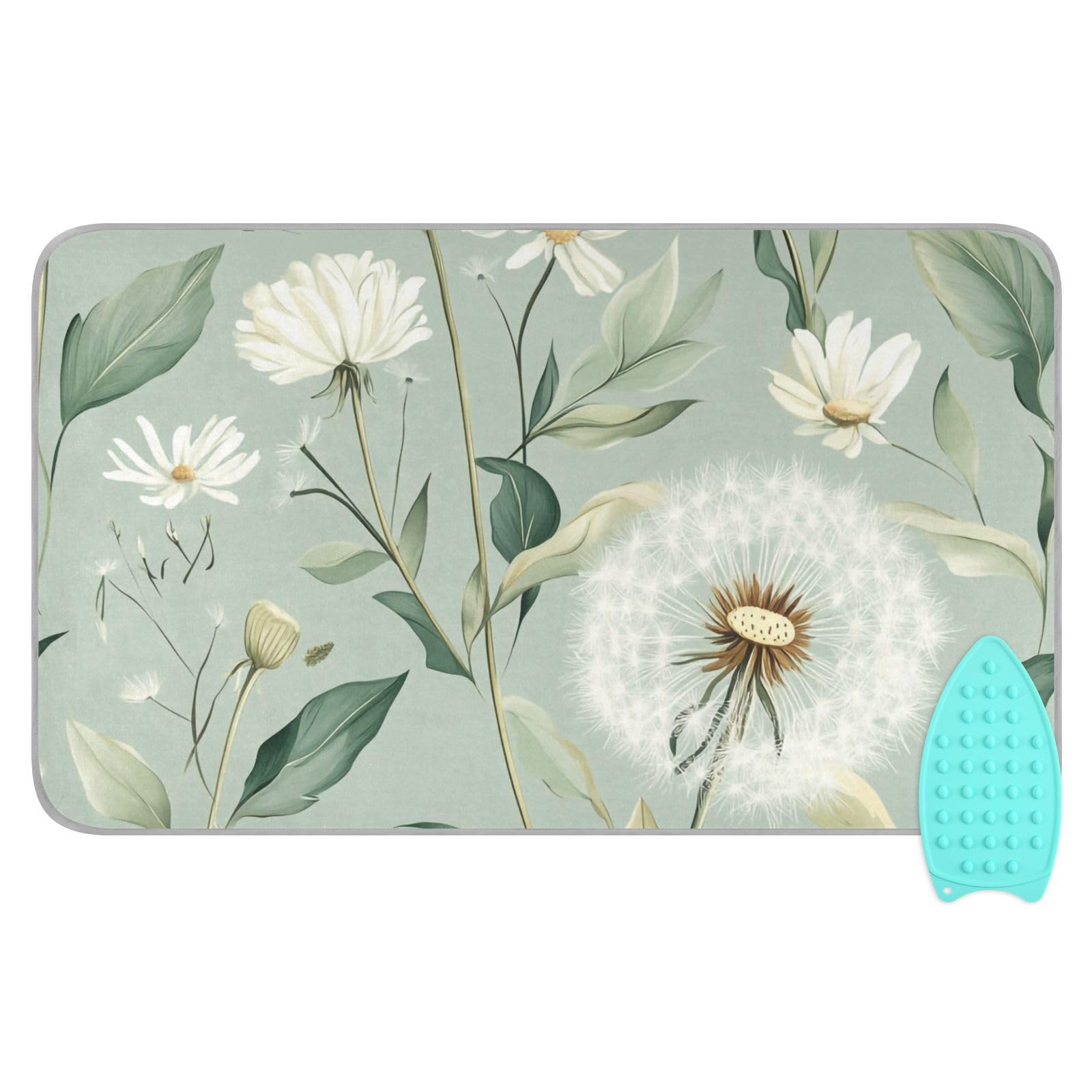 Sage Green Dandelions Ironing Mat Portable Ironing Pad Blanket with Silicone Iron Rest for Table Top Travel Heat Resistant Double