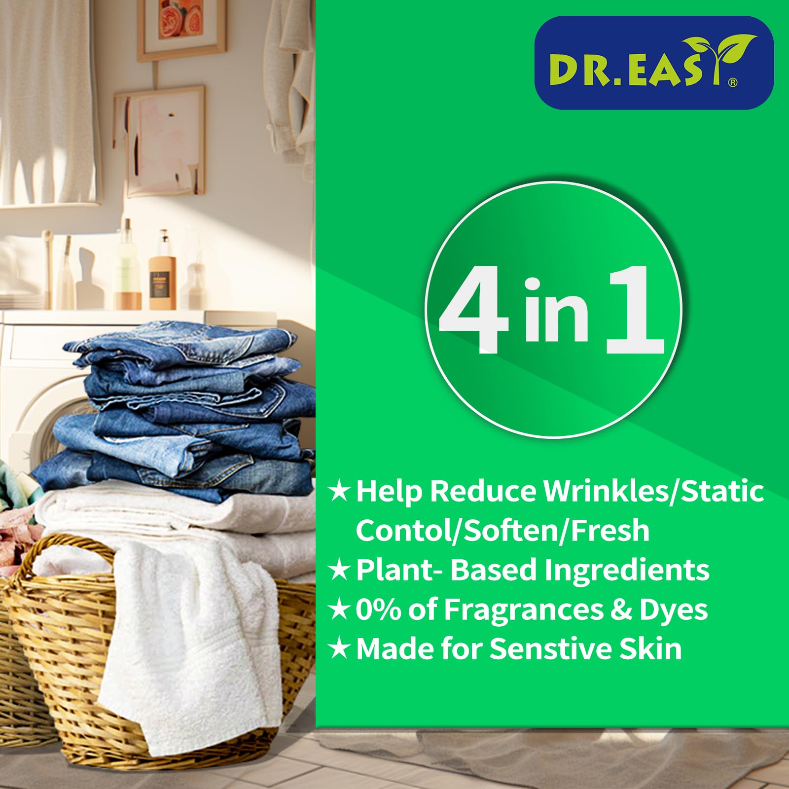 DR.EASY SUMMER FRESH Dryer Sheets Plant Based Formula 200 Ct Fabric Softener sheets for Laundry Essential Oil Scented No Artificial Fragrances No Dyes Reduce Static & Wrinkles Help Repel Pet Hair (200 Count)