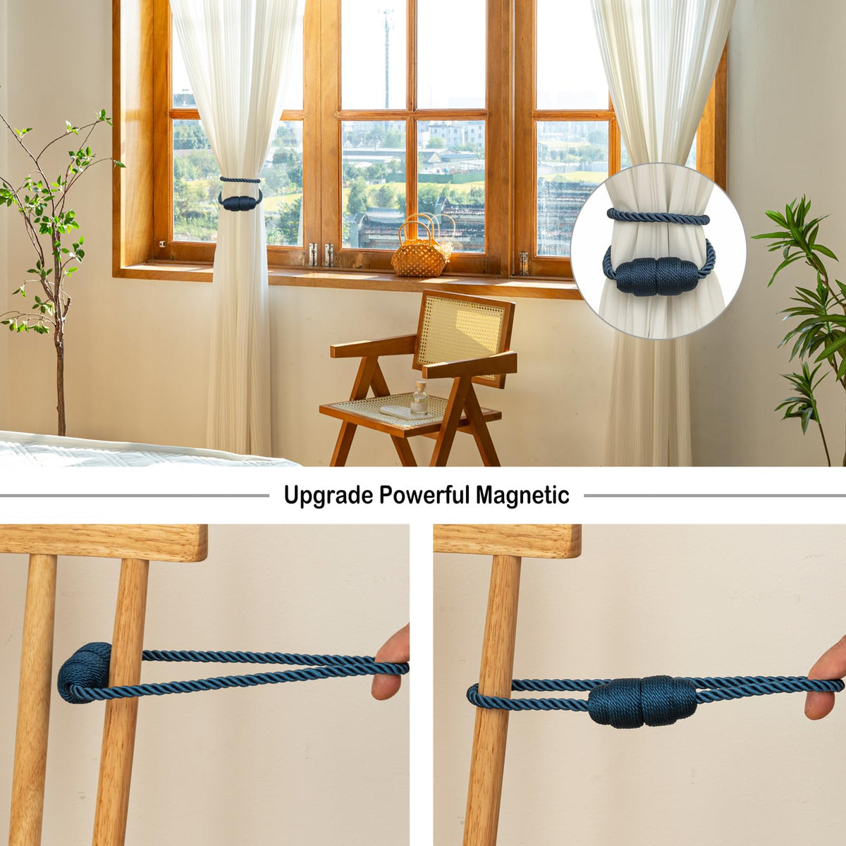 Magnetic Curtain Tiebacks Rope Curtain Tie Backs for Curtains 8 Pack Curtain Holders for Drapes Decorative Window Curtain Holdbacks (8 Count)