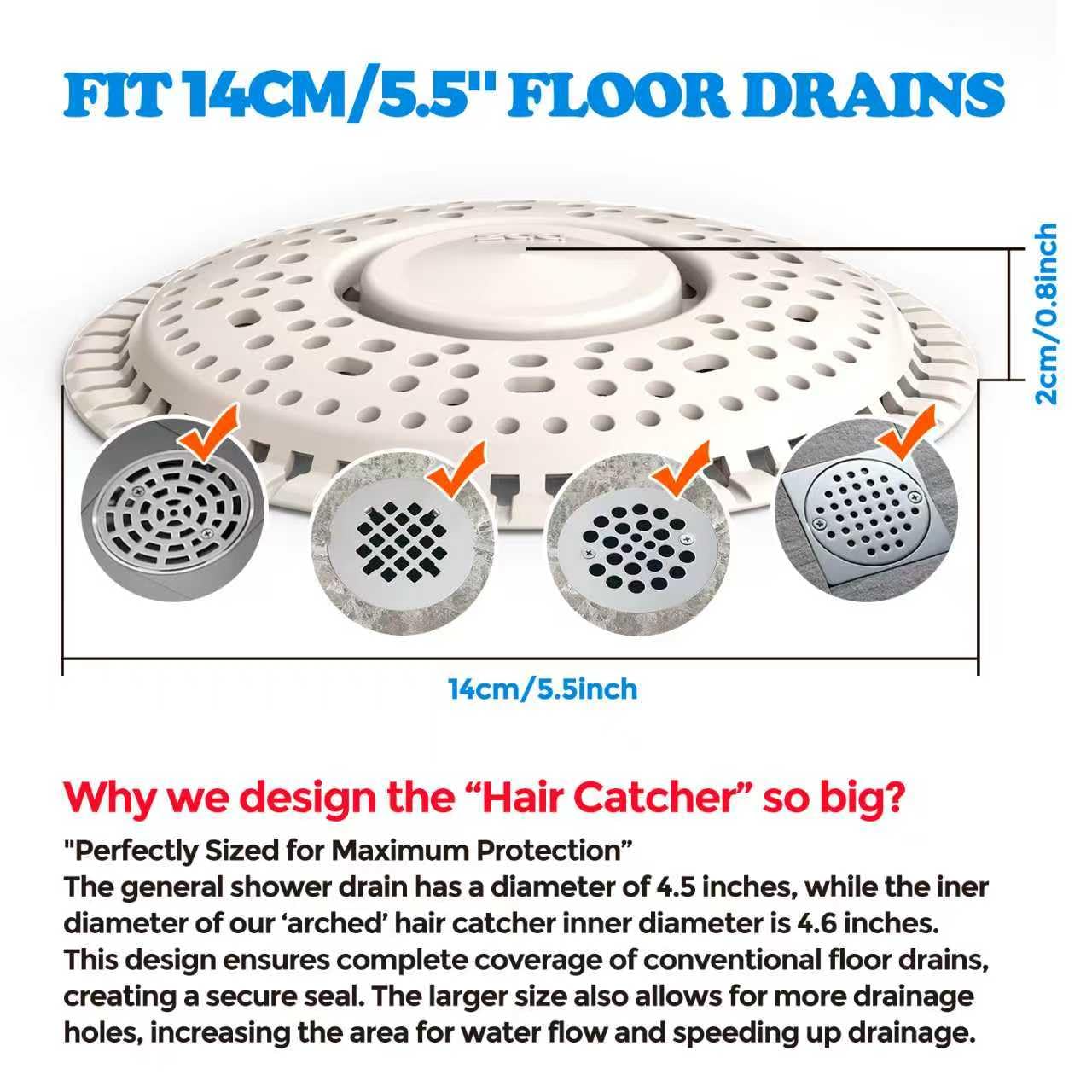 Shower Drain Hair Catcher Silicone Flat Floor Strainer Protector (2 Count)