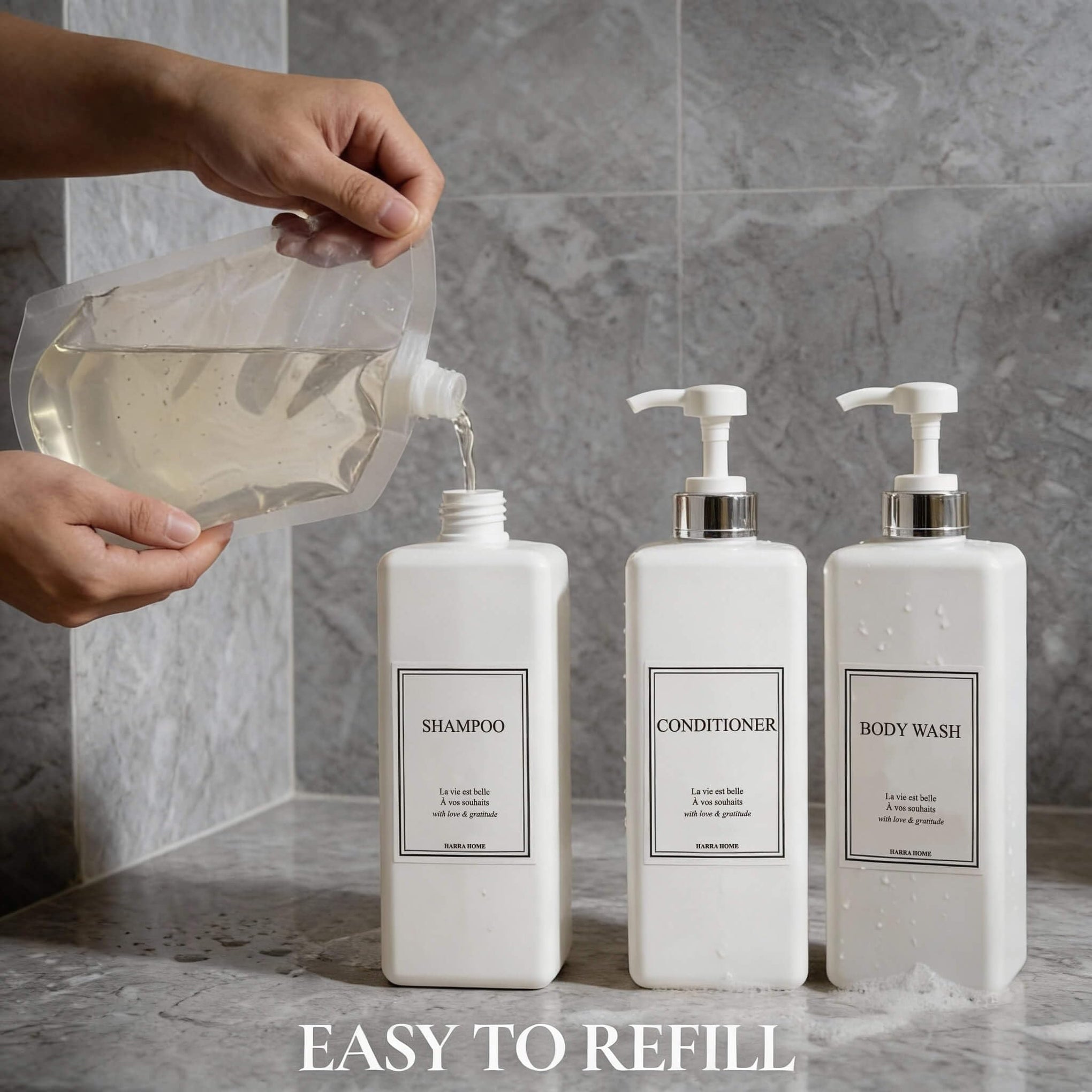 Modern Gold Design Pump Bottle Set 27 oz Refillable Shampoo and Conditioner Dispenser Empty Shower Plastic Bottles with Pump for Bathroom Lotion Body wash (3 Count)