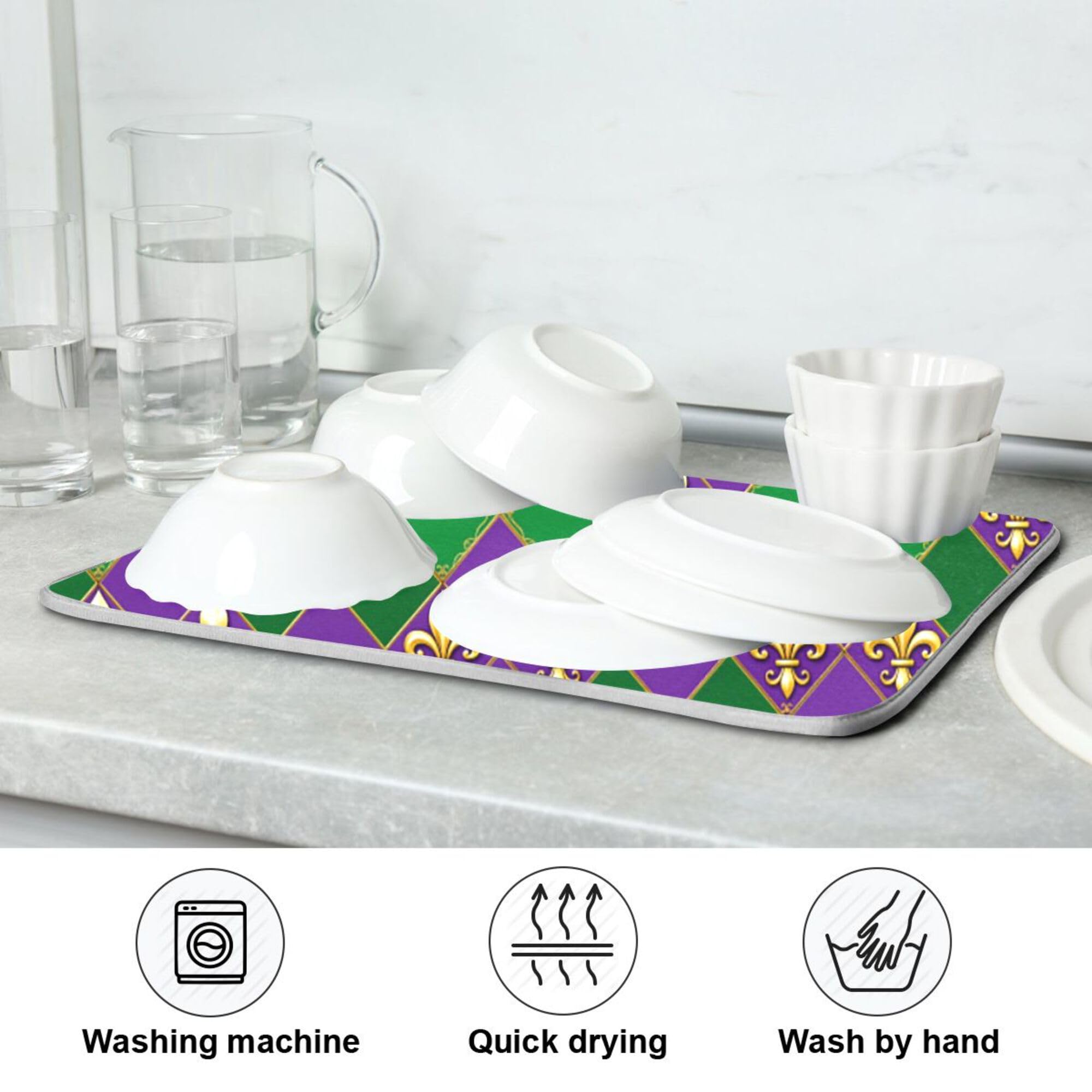 Happy Mardi Gras Purple Green Dish Drying Mat for Kitchen Countertop 18x24 Fleur de Lis Buffalo Plaid Large Drying Mat Reusable Quick Dry Dish Sink Mats Easy Clean Decorative Essentials