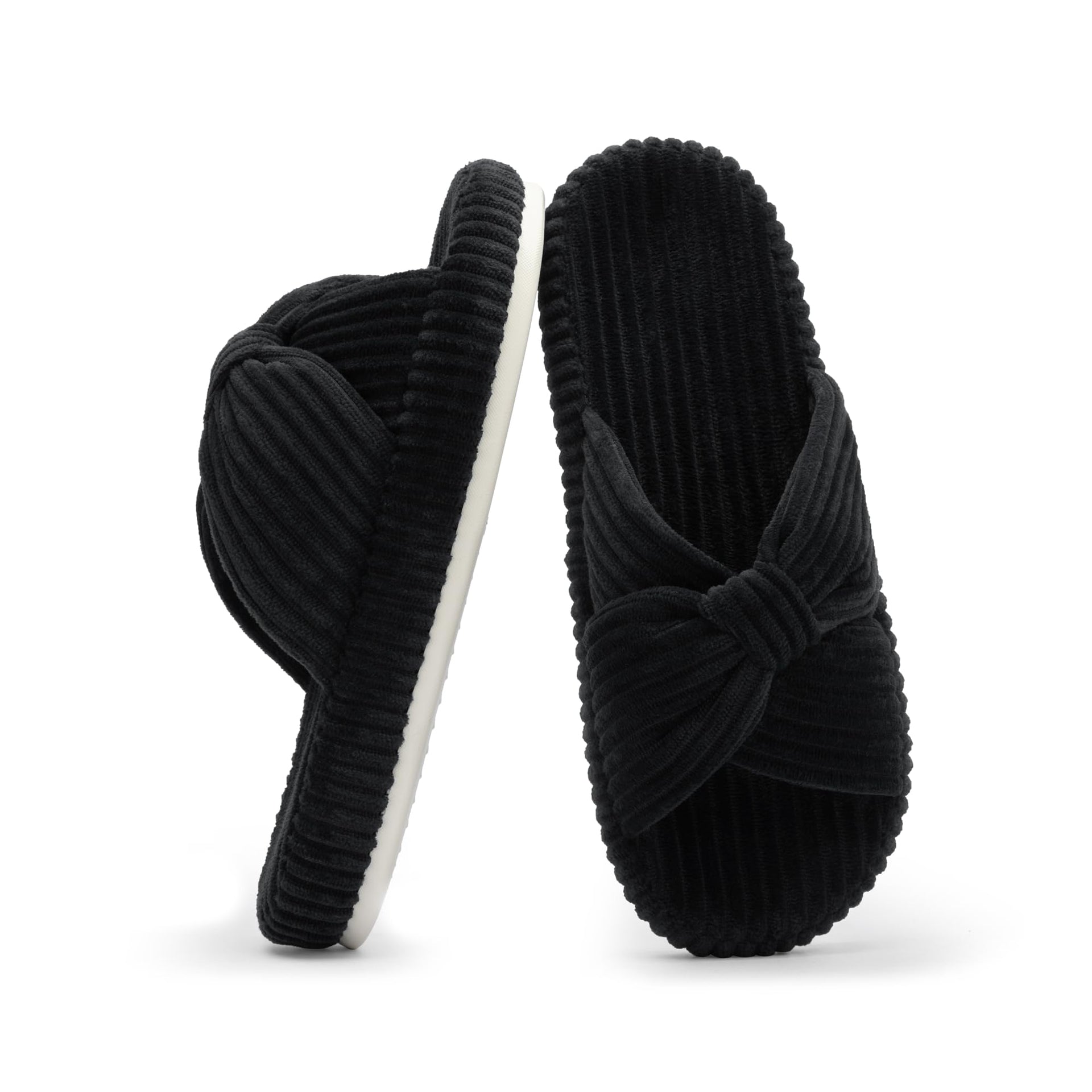Slippers for Women Memory Foam House Bedroom Corduroy Bow Crossbands Slipper Shoes Comfy Trendy Gift Slippers Black Size 5 6 5.5
