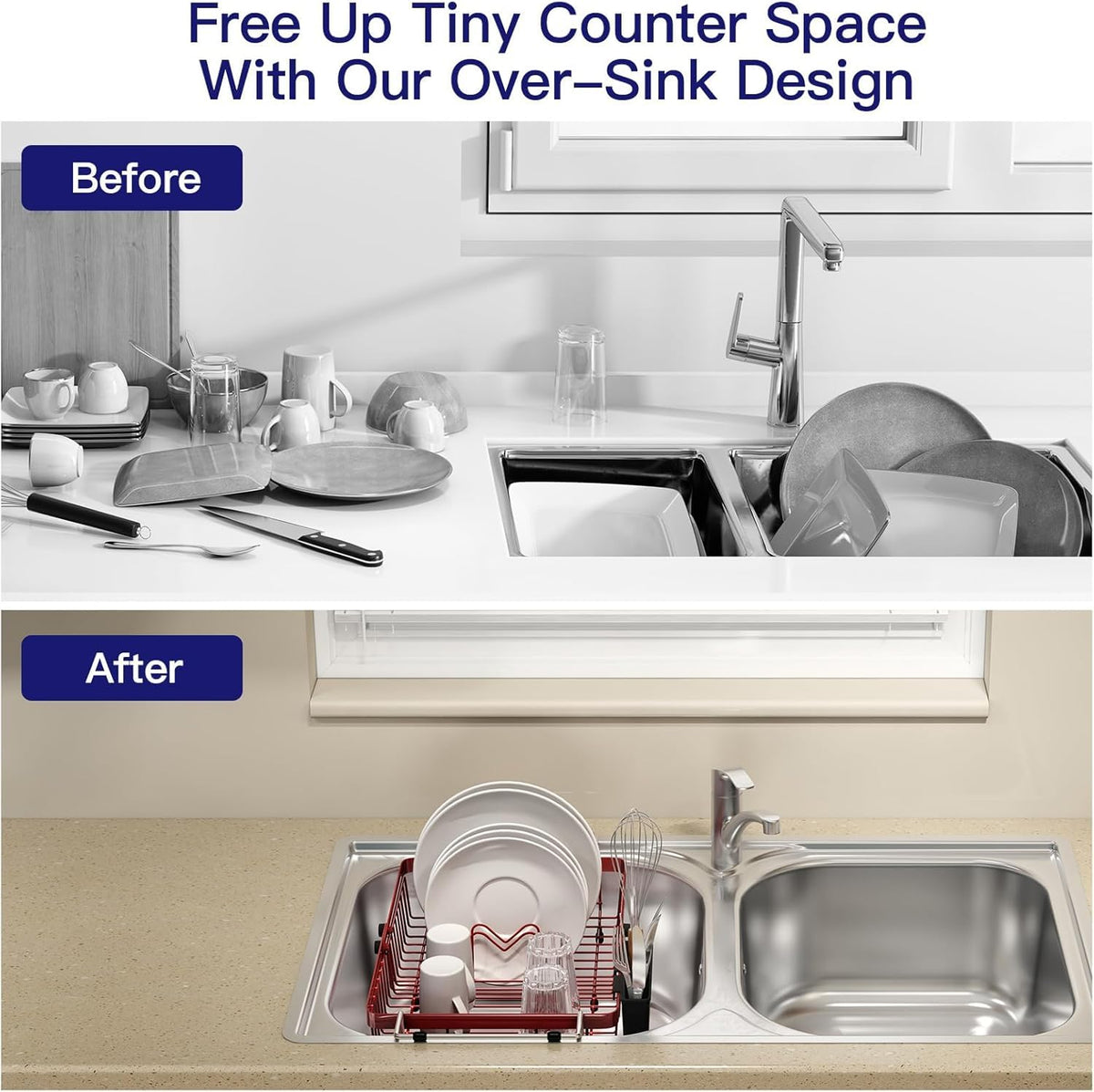 Red Dish Drying Rack Over The Sink with Utensil Holder