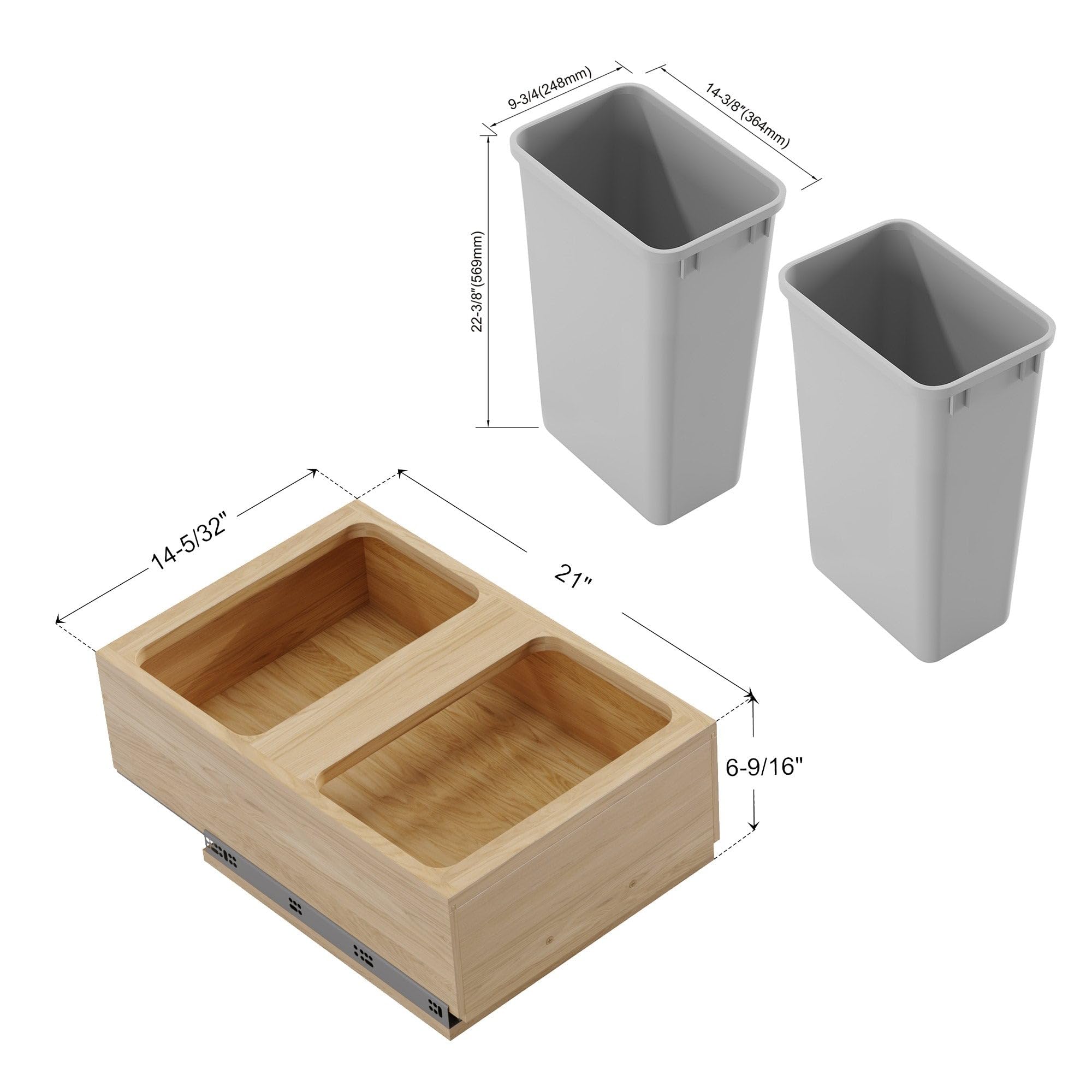 Dowell B18 B21 Wood Base Wastebasket Pullout with Two 50Qt Plastic Bins