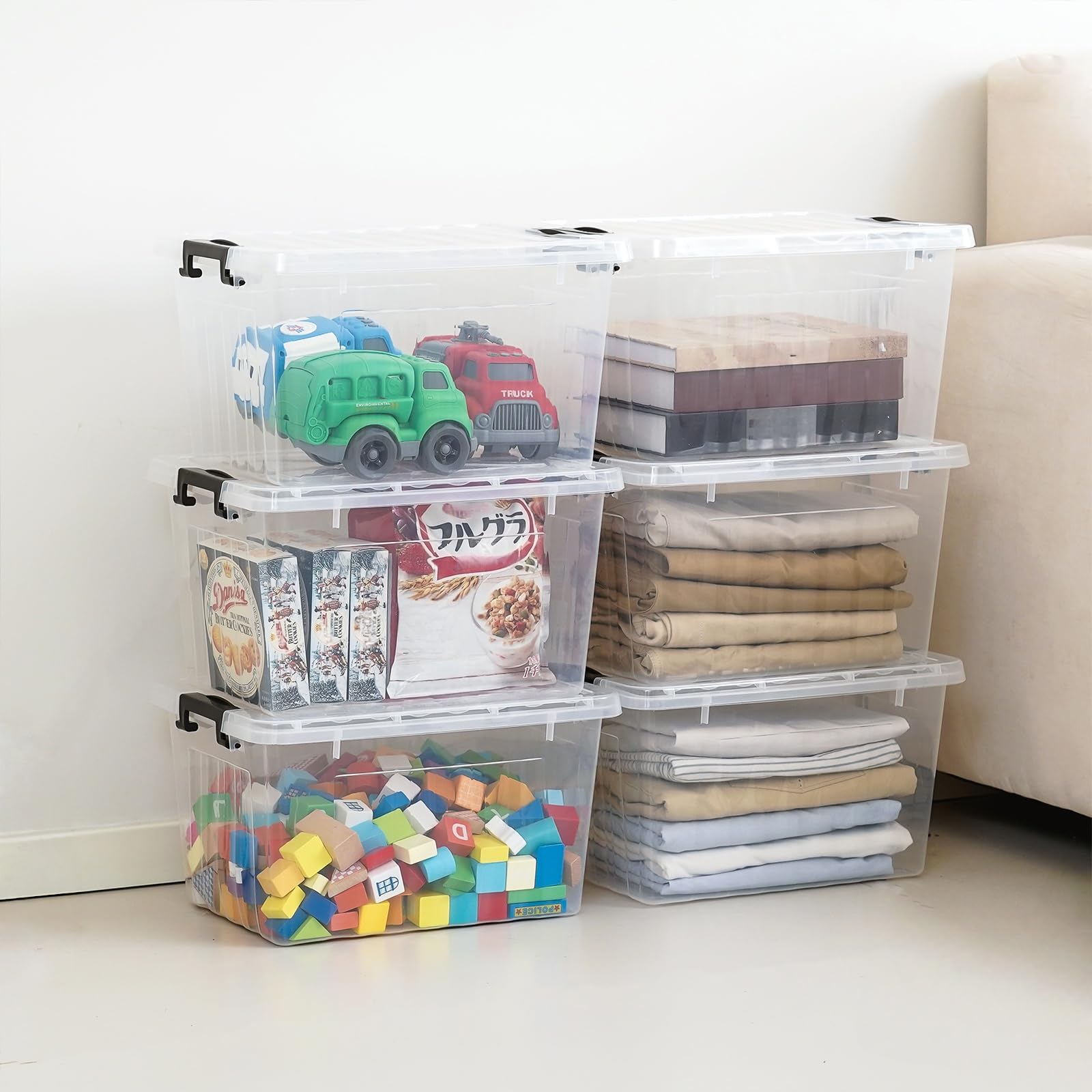 22 QT Clear Plastic Storage Bins with Lids Stackable and Nestable Storage Boxes with Lids Large Plastic Storage Containers for Garage (6 Count)