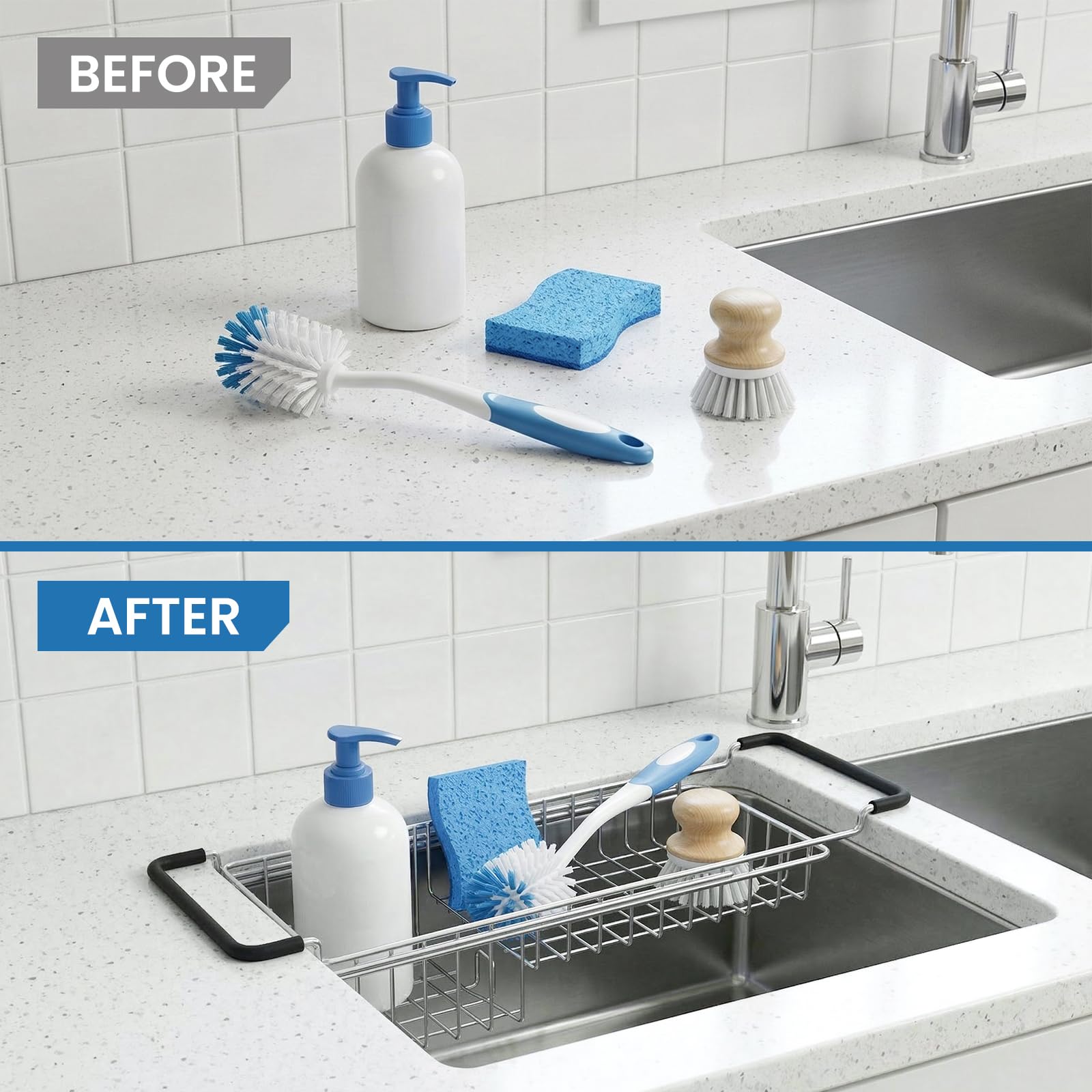 Over The Kitchen Sink Caddy Sponge Holder Organizer Drying Rack Expandable for Sponge Brush Soap 13.8" to 20.8"