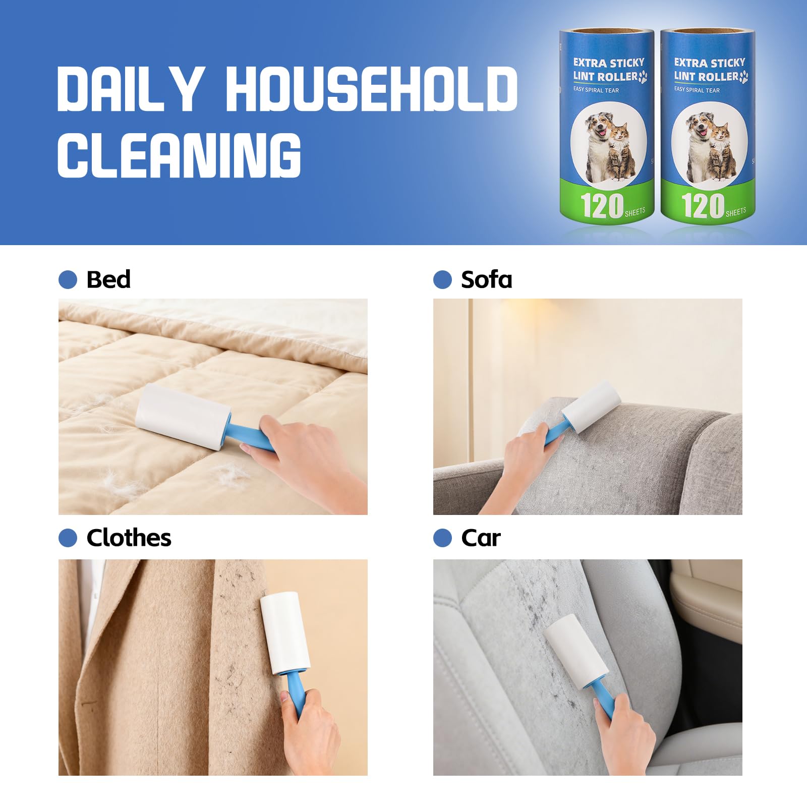 Lint Roller Refills with Handle 6 Pack