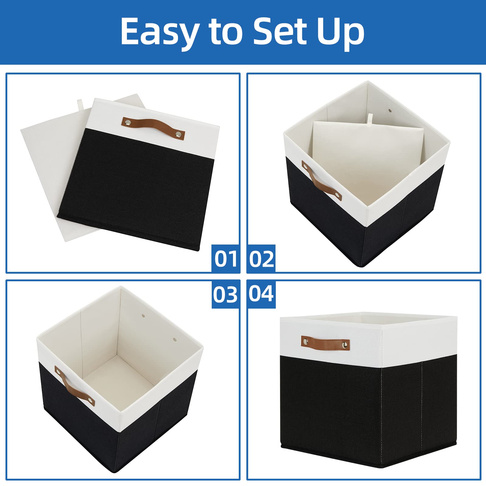 Fabric Storage Bin 4 Pack Cube Storage Bin for Shelf Fabric Cube Storage Basket 13 Inch Cube Storage Bins Foldable Storage Cubes with Leather Handles (4 Count)