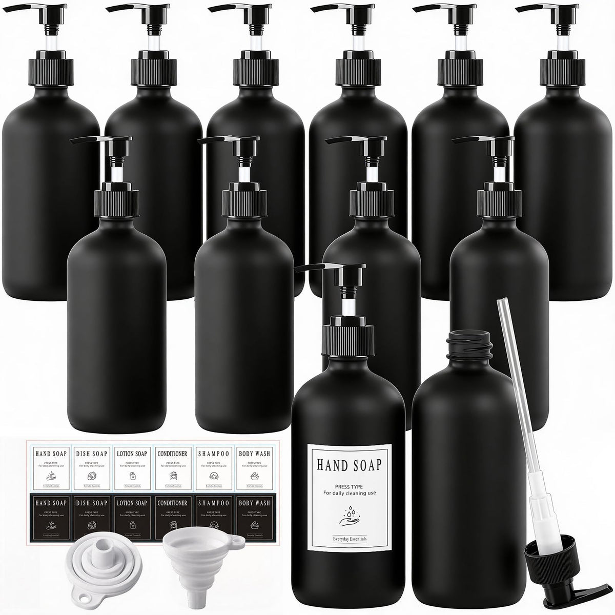 12 Pack 16oz Black Glass Soap Dispensers with Pump (12 Count)