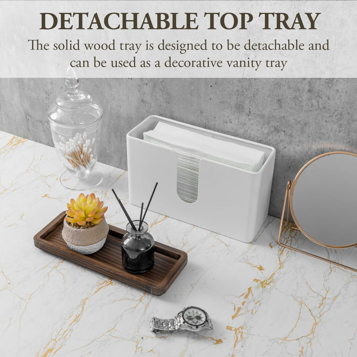 Deluxe Modern Matte White Metal Folded Commercial Paper Towel Holder with Rustic Burnt Solid Wood Tray Lid