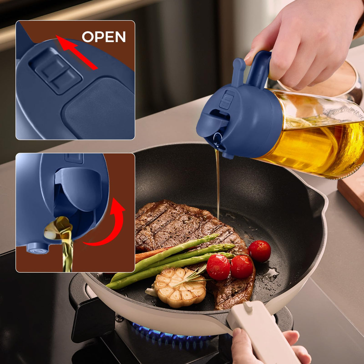 16 oz 2-in-1 Glass Olive Oil Sprayer for Cooking, Black&Navy (2 Count)