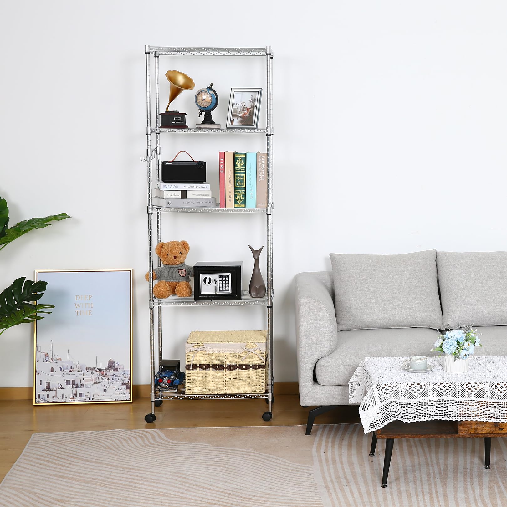 5 Tier Storage Shelf Wire Shelving Unit on Wheels Heavy Duty Metal Shelves Adjustable Steel Rack Organization for Kitchen Garage Basement