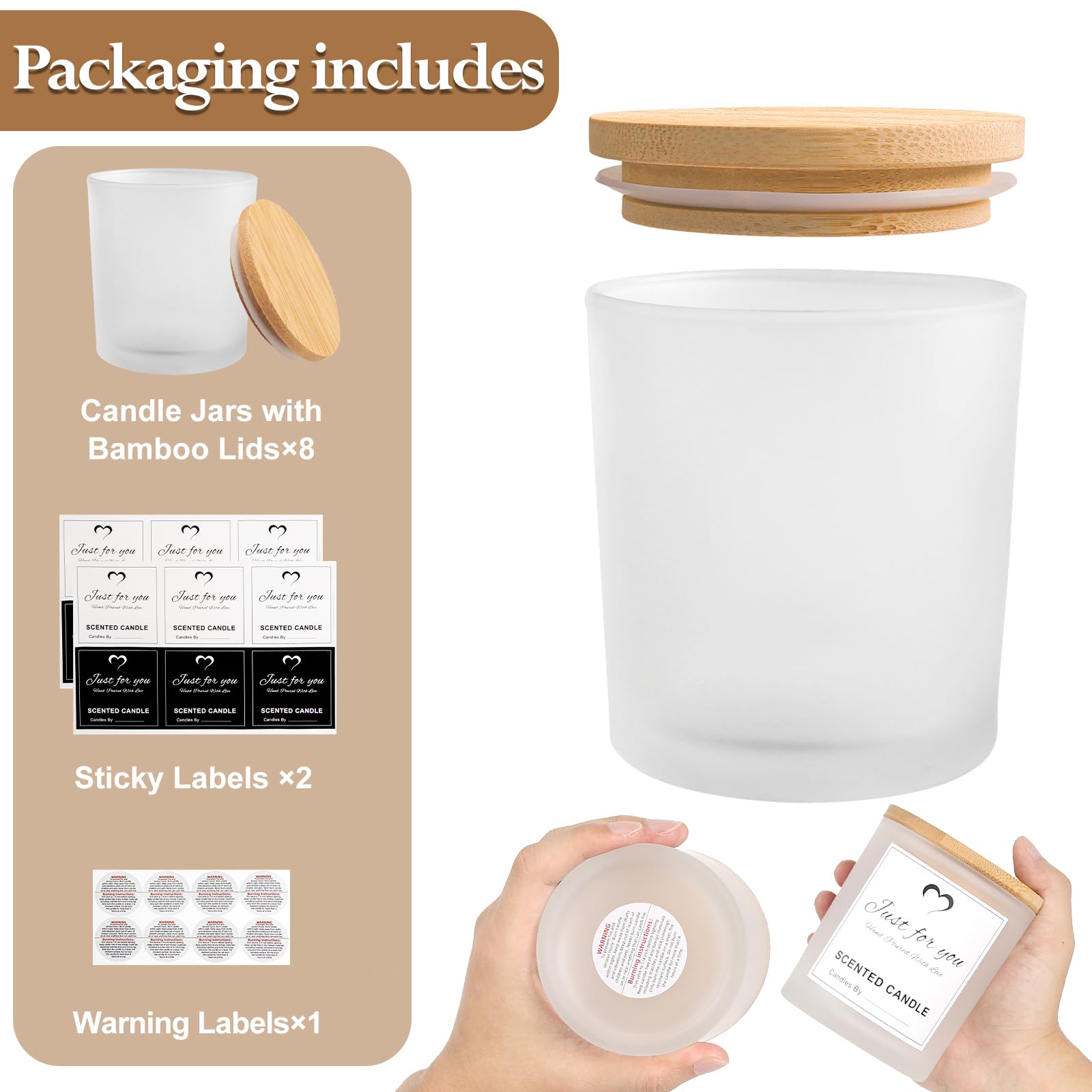 8 Pack 14 OZ Frosted Glass Candle Jars with Bamboo Lids (8 Count)