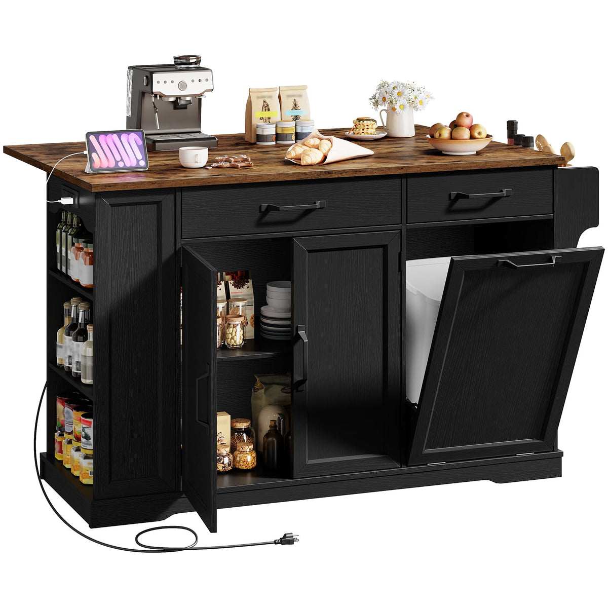 Kitchen Island with Power Outlet & Drop Leaf