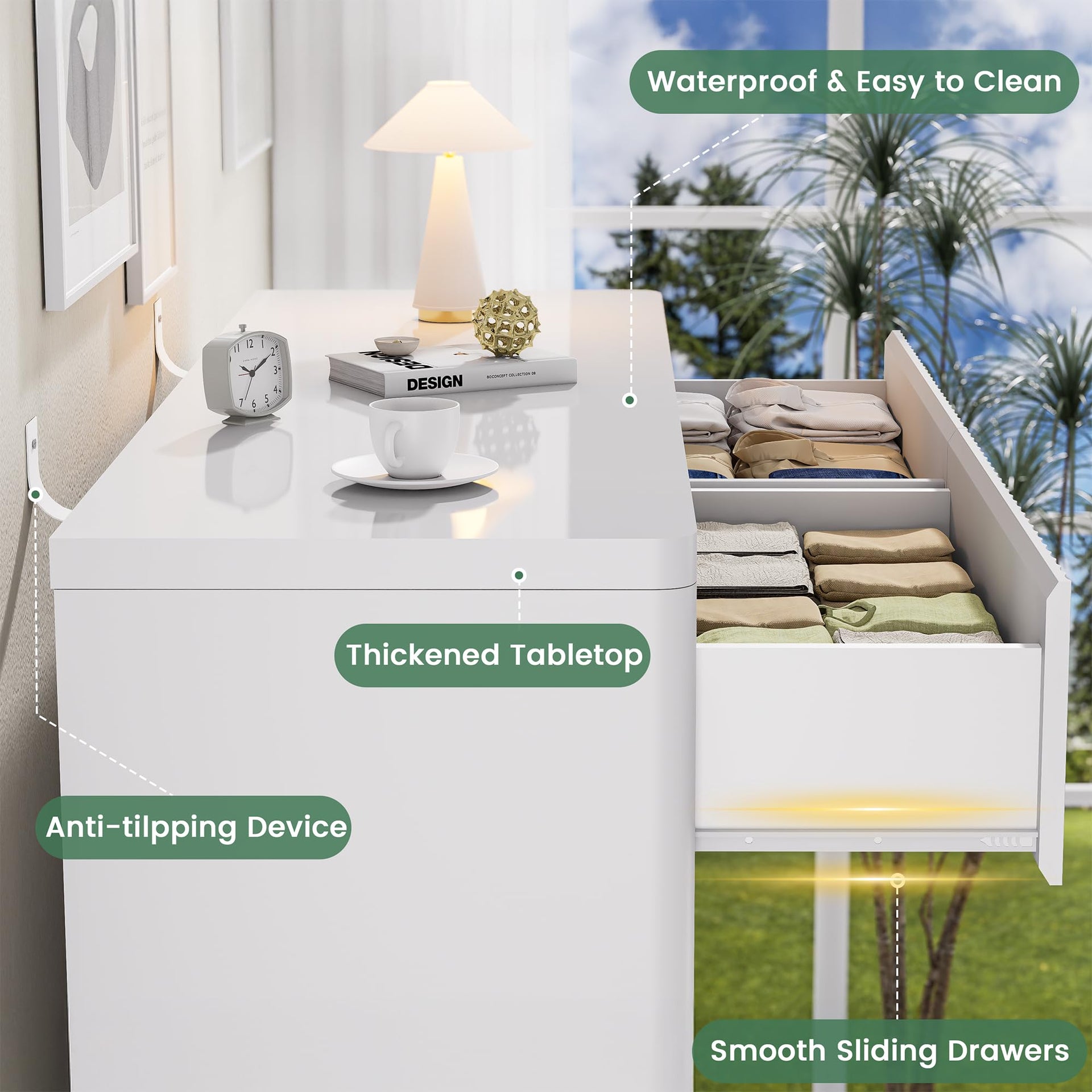 White Fluted Dresser for Bedroom with 6 Drawers