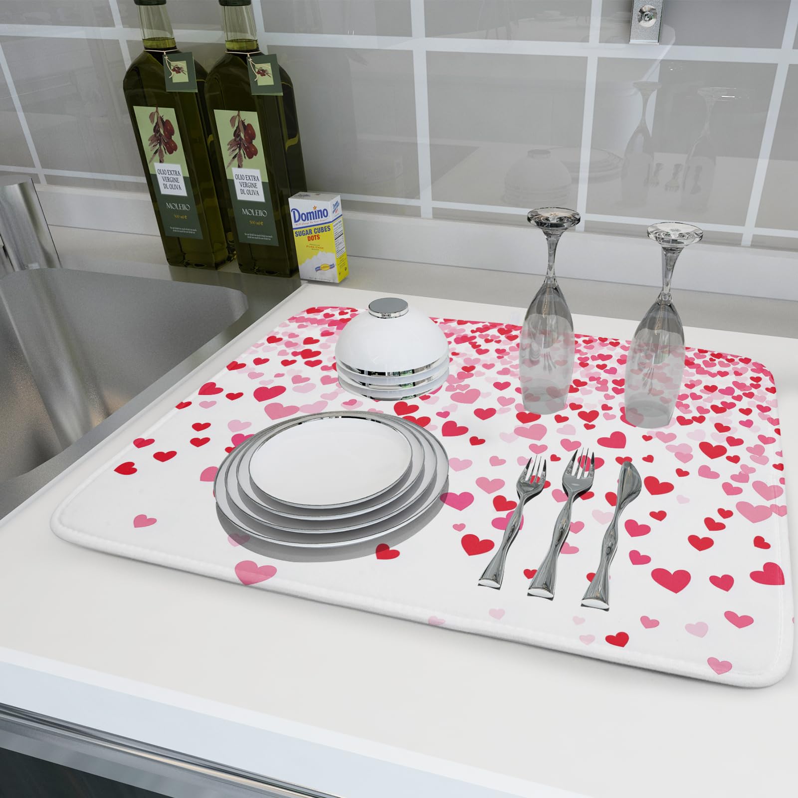 Valentine's Day Dish Drying Mat for Kitchen Counter Love Heart Kitchen Dish Drying Pad 18”x24” Absorbent Reversible Happy Valentine Dishes Drainer Pad Dish Drying Rack Mat for Countertop