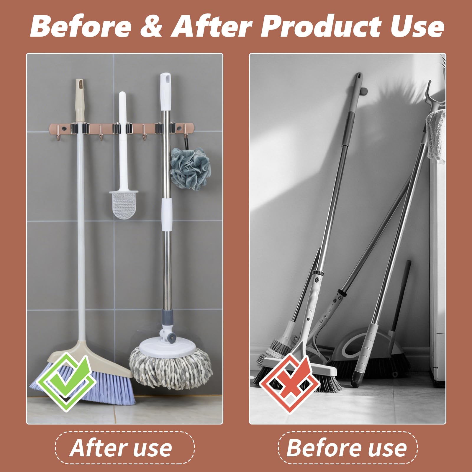 3 Racks and 4 Heavy Duty Hooks Mop and Broom Holder Wall Mount