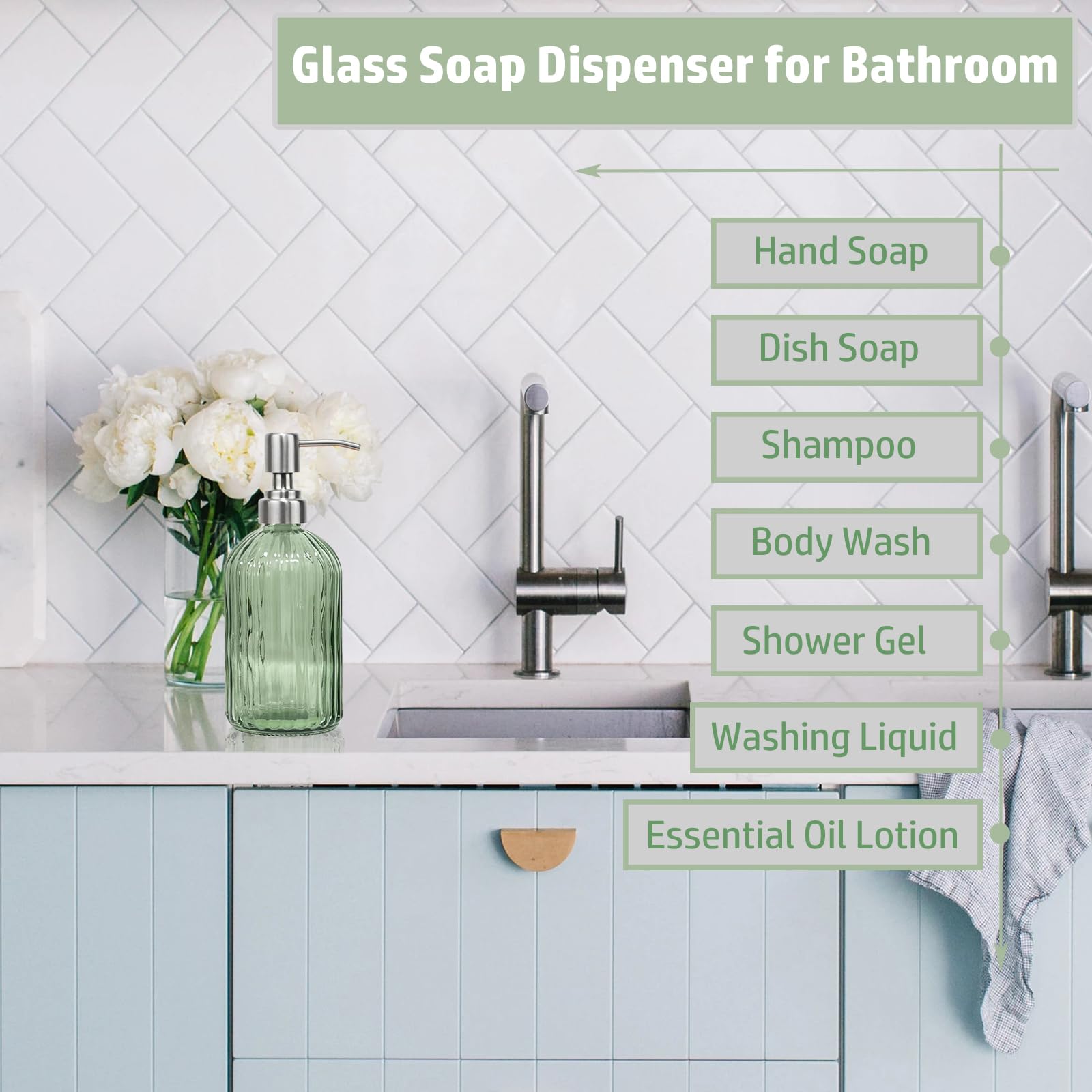 14Oz Green Glass Soap Dispenser Bathroom