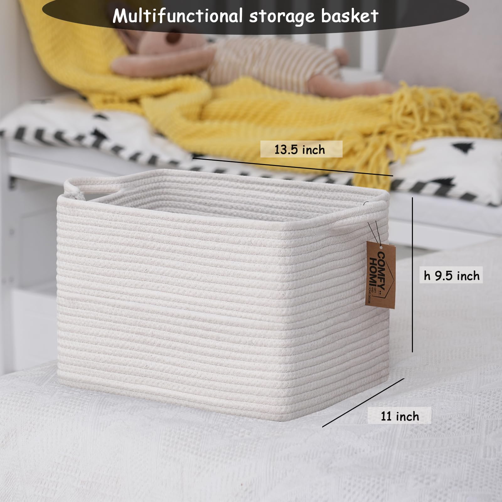 3PACK Cotton Rope Square Basket with Handles for Shelves (3 Count)