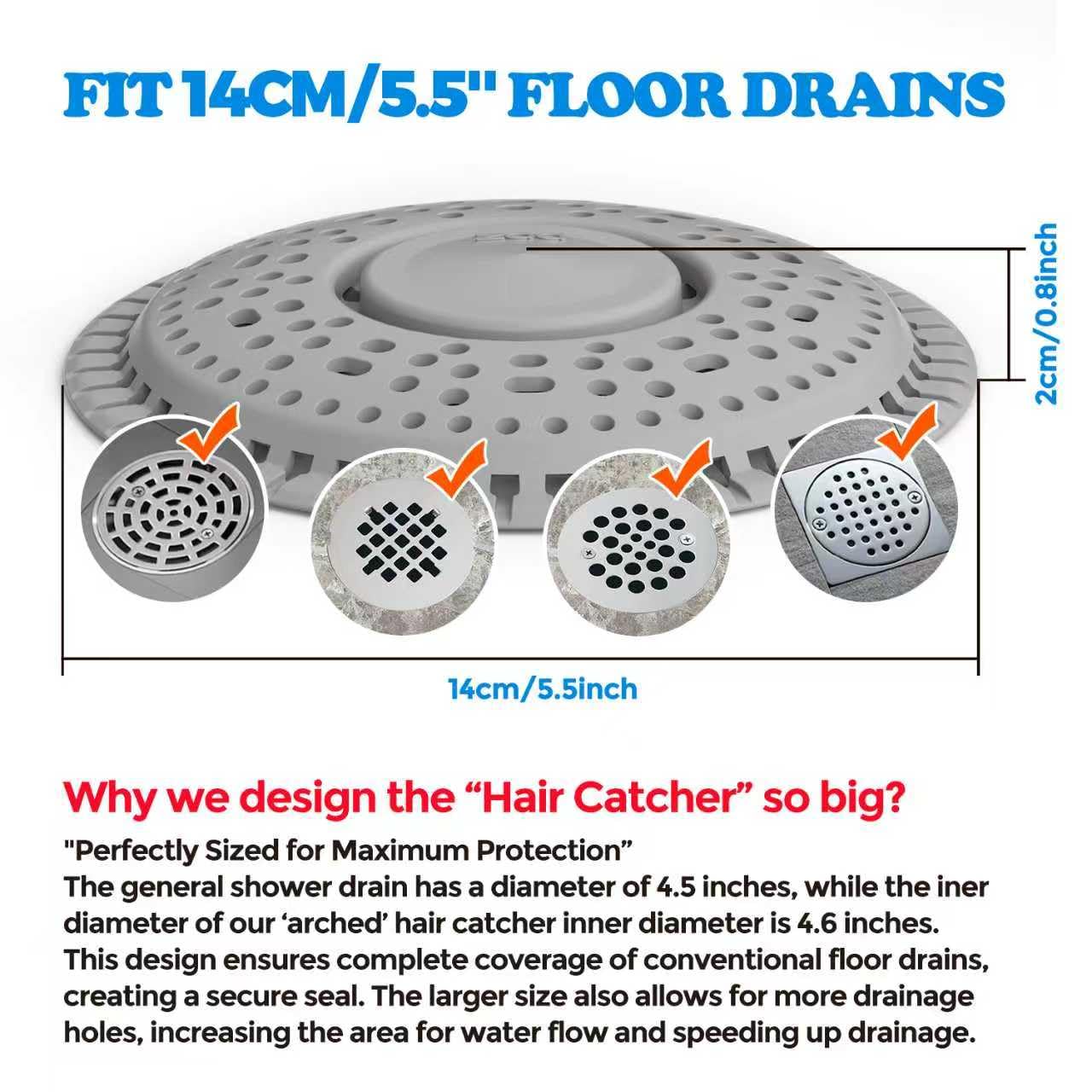 Shower Drain Hair Catcher Silicone Flat Floor Strainer Protector (2 Count)