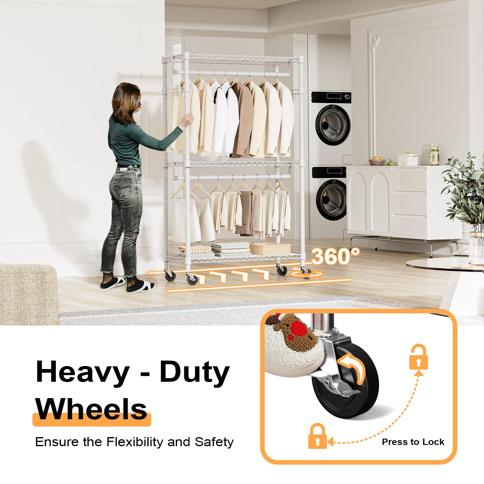Heavy Duty Rolling Garment Rack 3 Tiers Adjustable Wire Shelving Clothes Rack with 2 Rods and Side Hooks