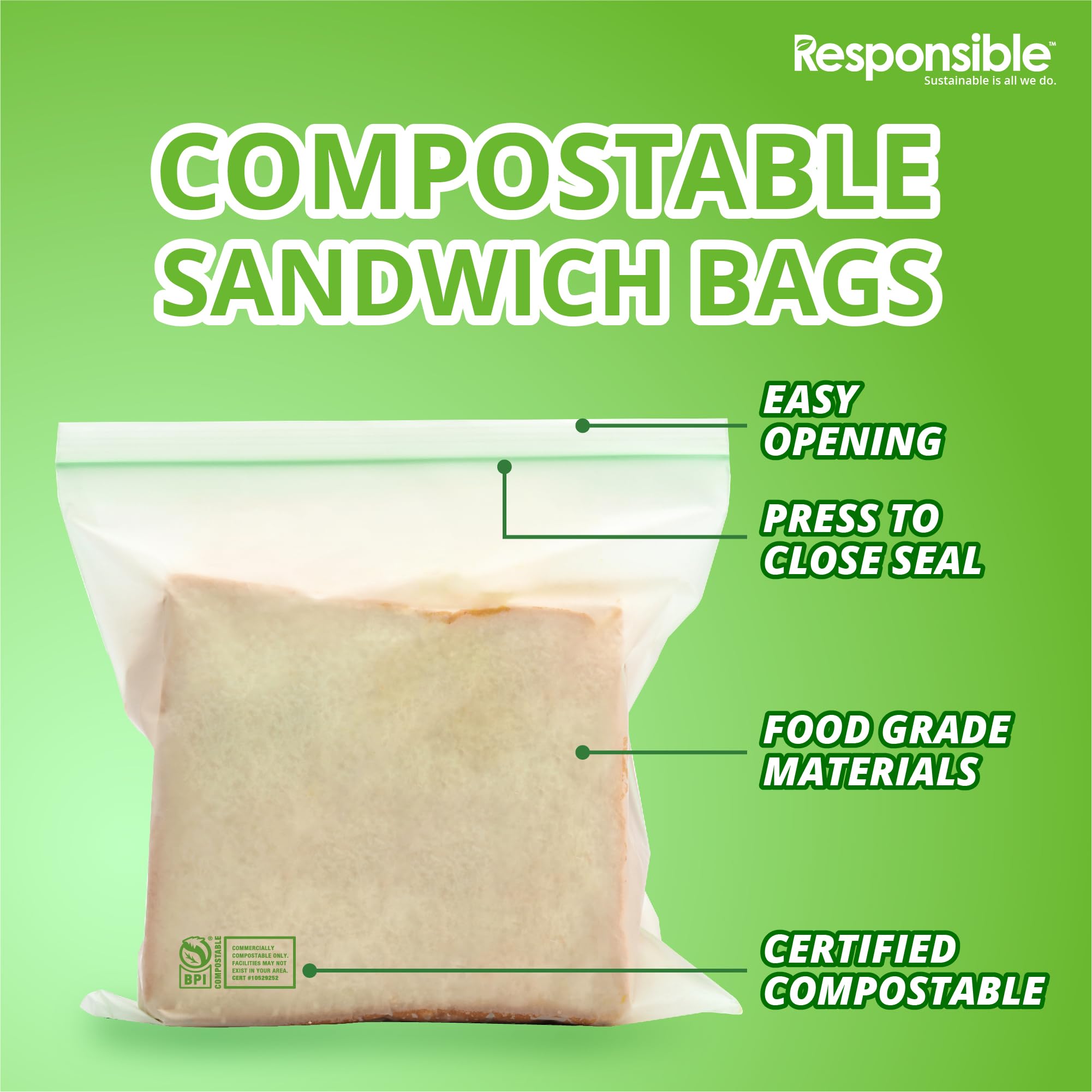 Certified Compostable SANDWICH Resealable Zip Bag (30 Count)