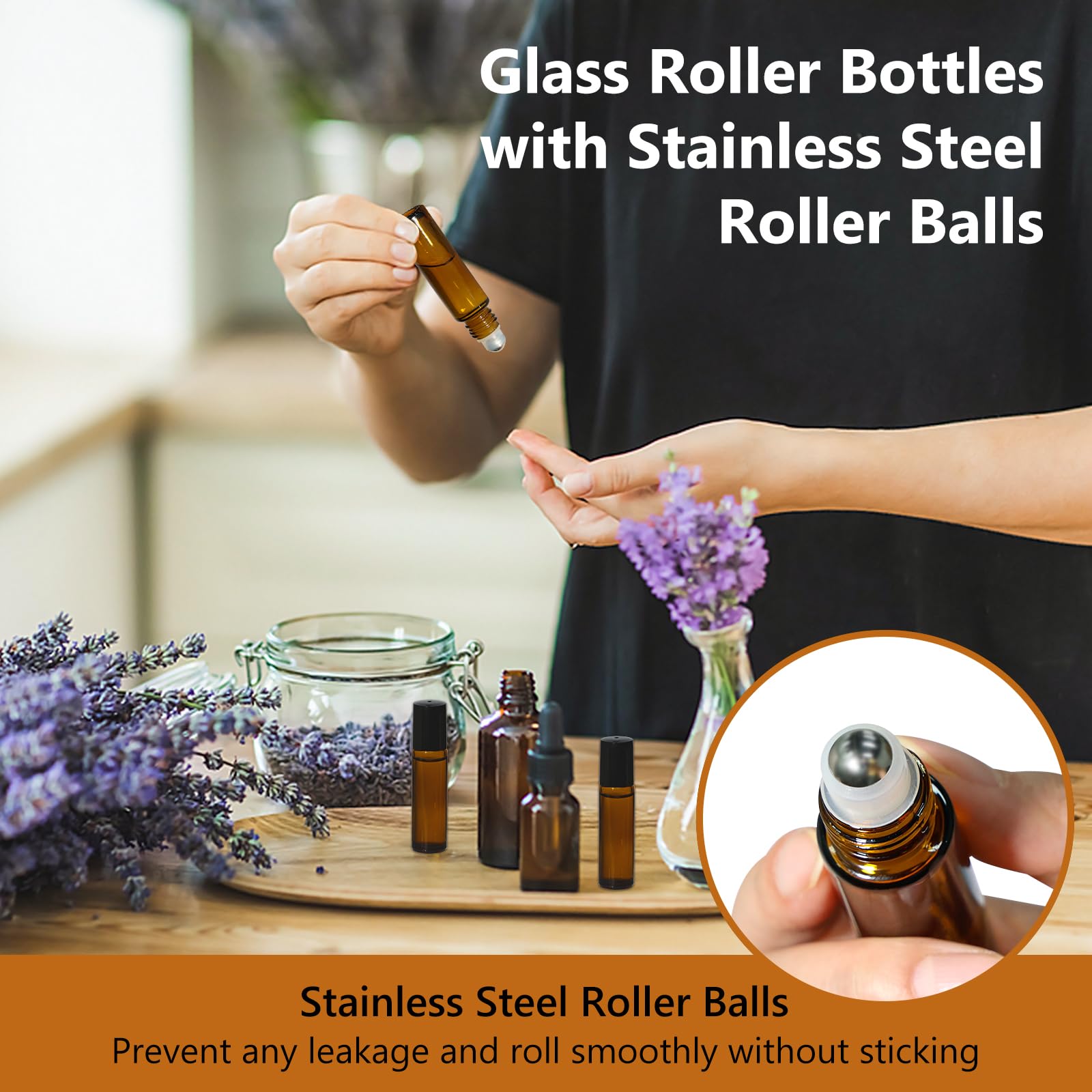 10ml Amber Glass Roller Rottles for Essential Oils (24 Count)