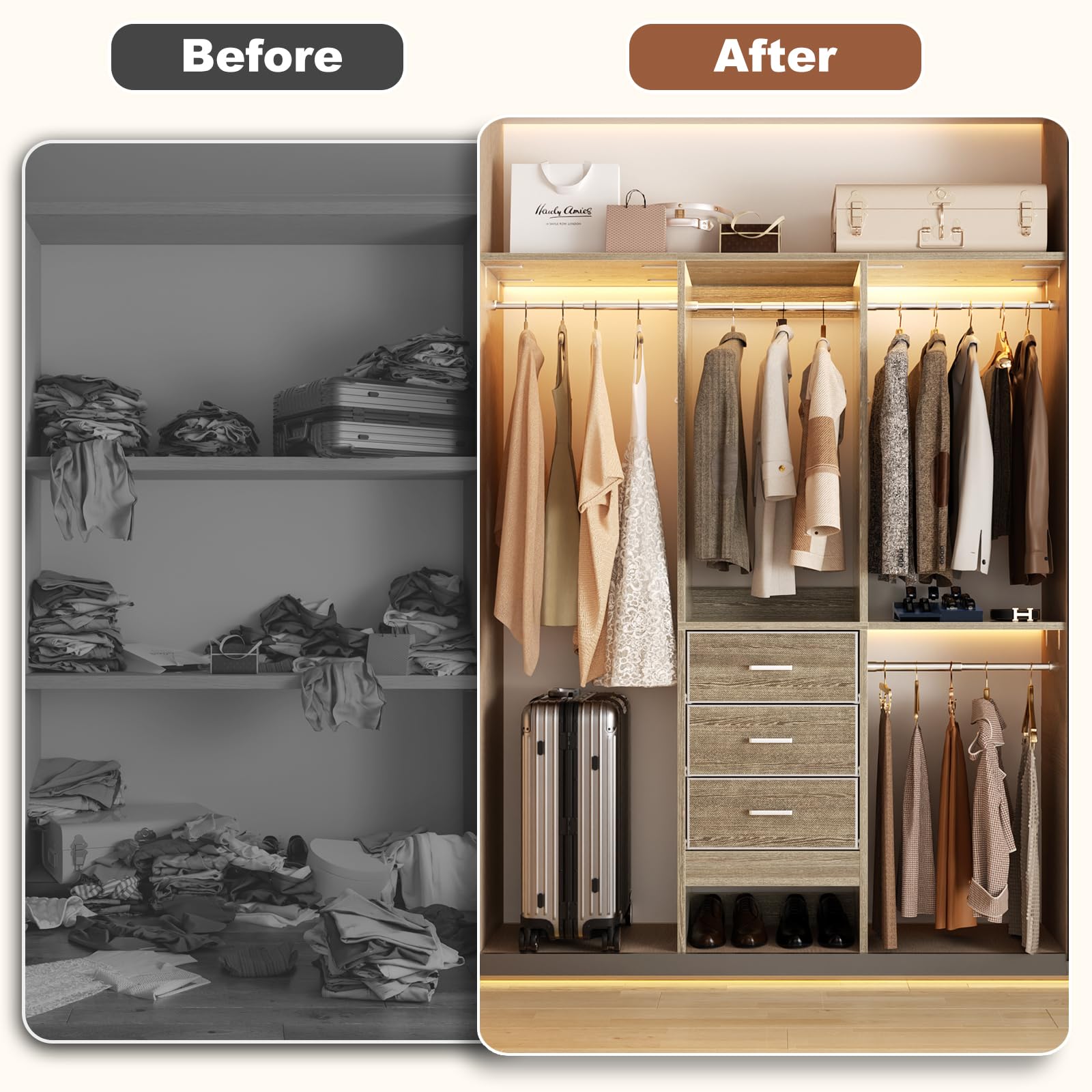 4FT Small Closet System with 3 Fabric Drawers