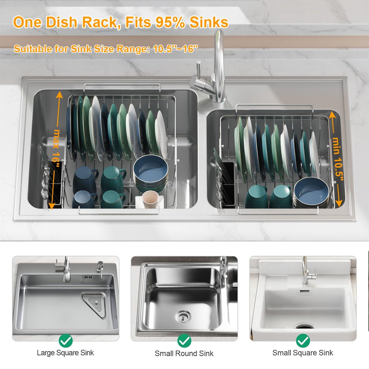 Capacity Expandable Over Sink Dish Drying Rack Stainless Steel