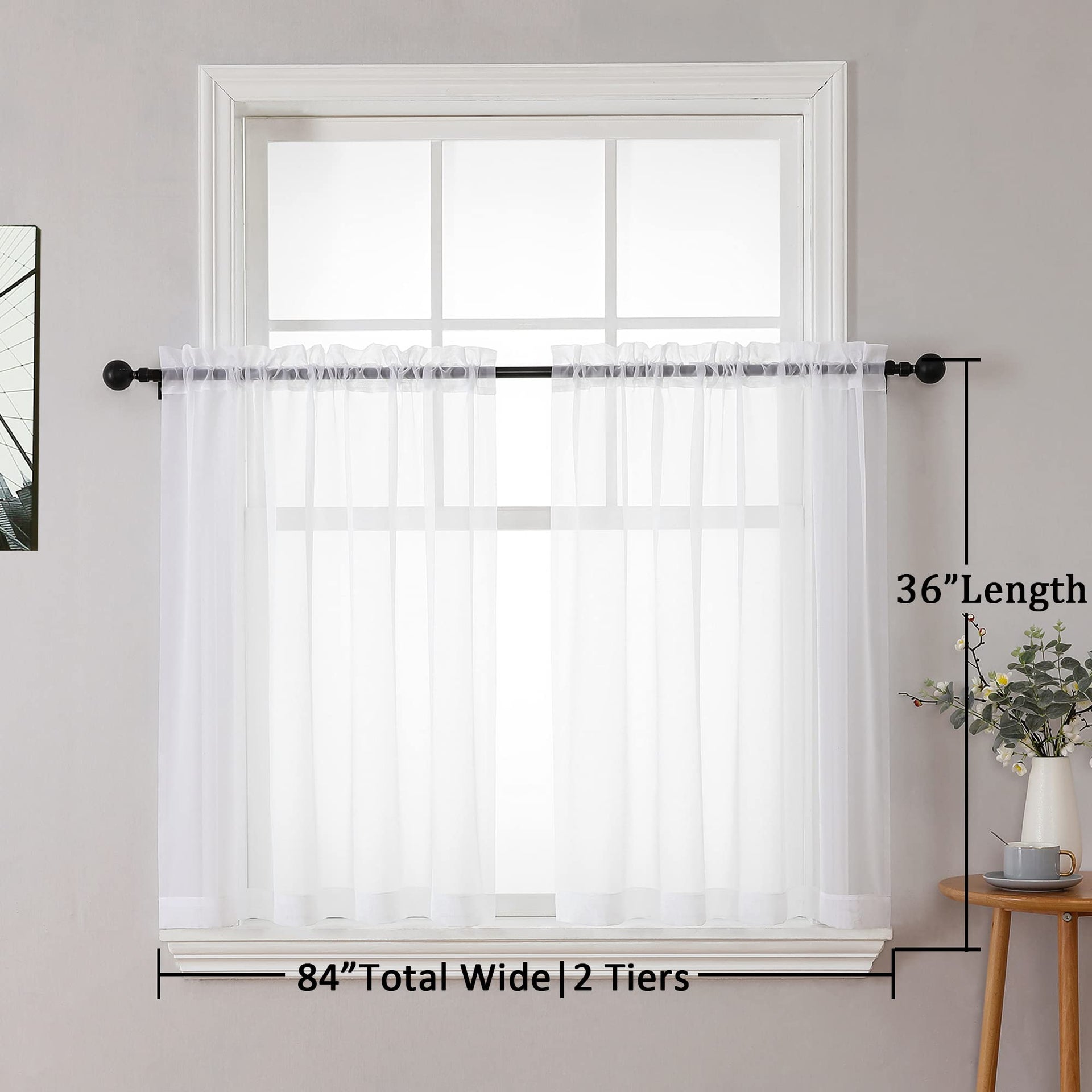 White Sheer Curtains 36 inch Length 2 Panels Set
