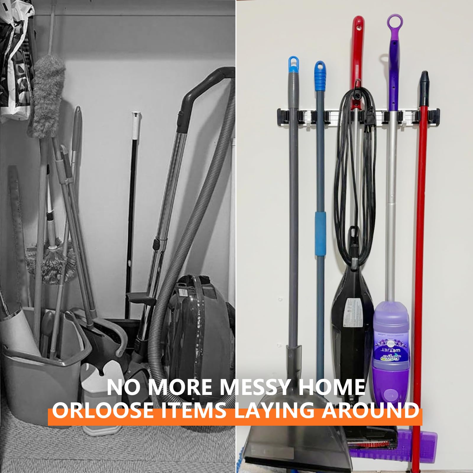 Broom Holder Wall Mount Mop Hanger Tools organizer 5Racks4Hooks