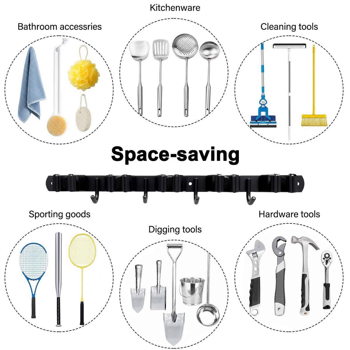 SUS304 5 Racks and 4 Hooks Mop and Broom Holder Wall Mount