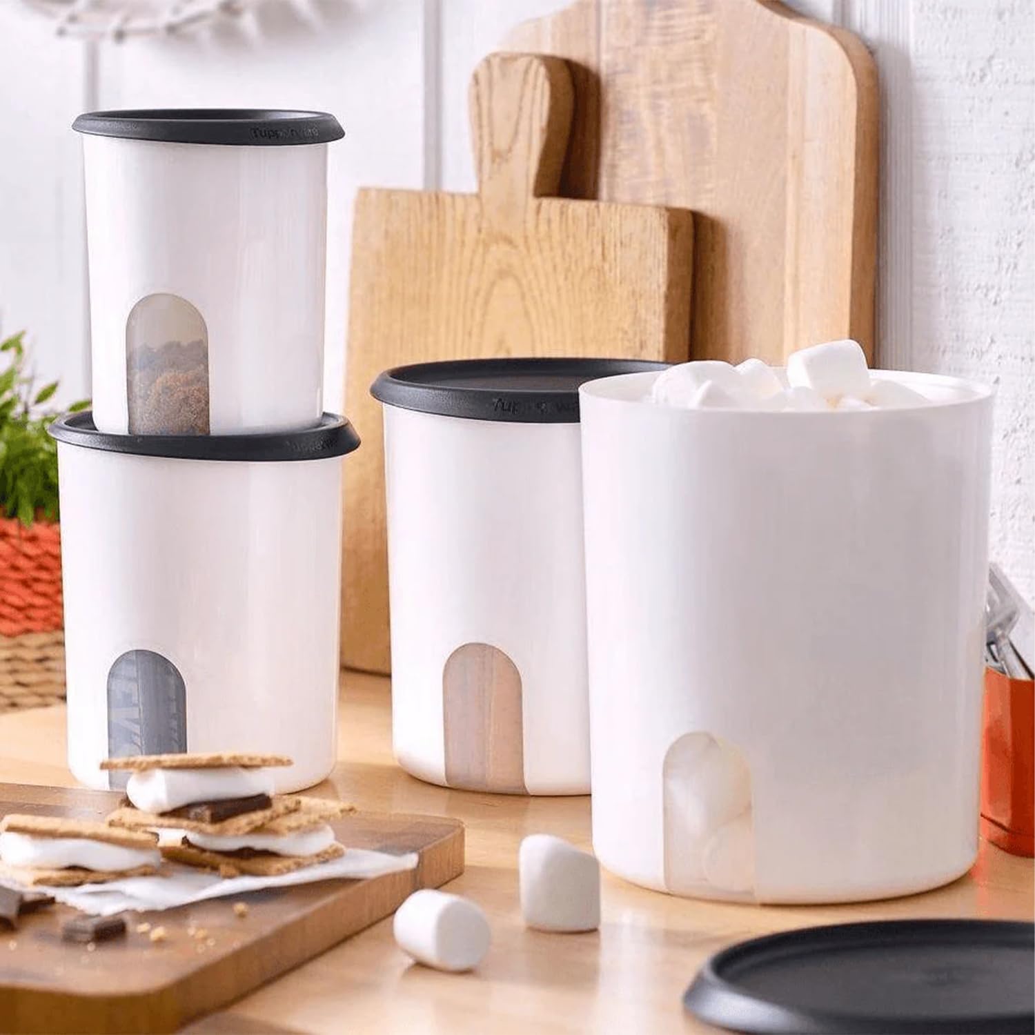 One Touch Reminder Canisters 4 Canister Food Storage Set in White & Black