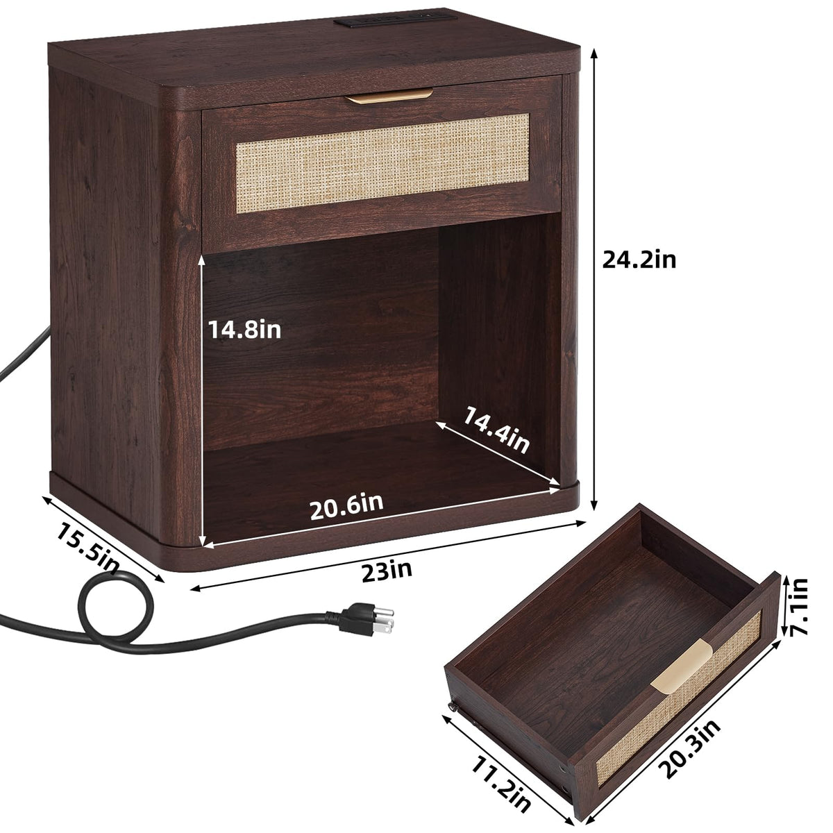 Rattan Nightstand with Charging Station