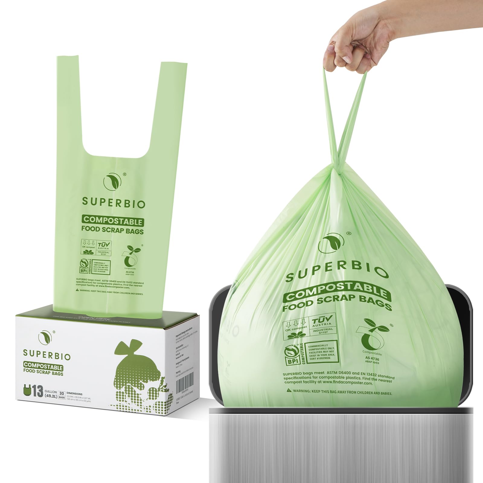13 Gallon Compostable Kitchen Waste Bags with Handles (30 Count)