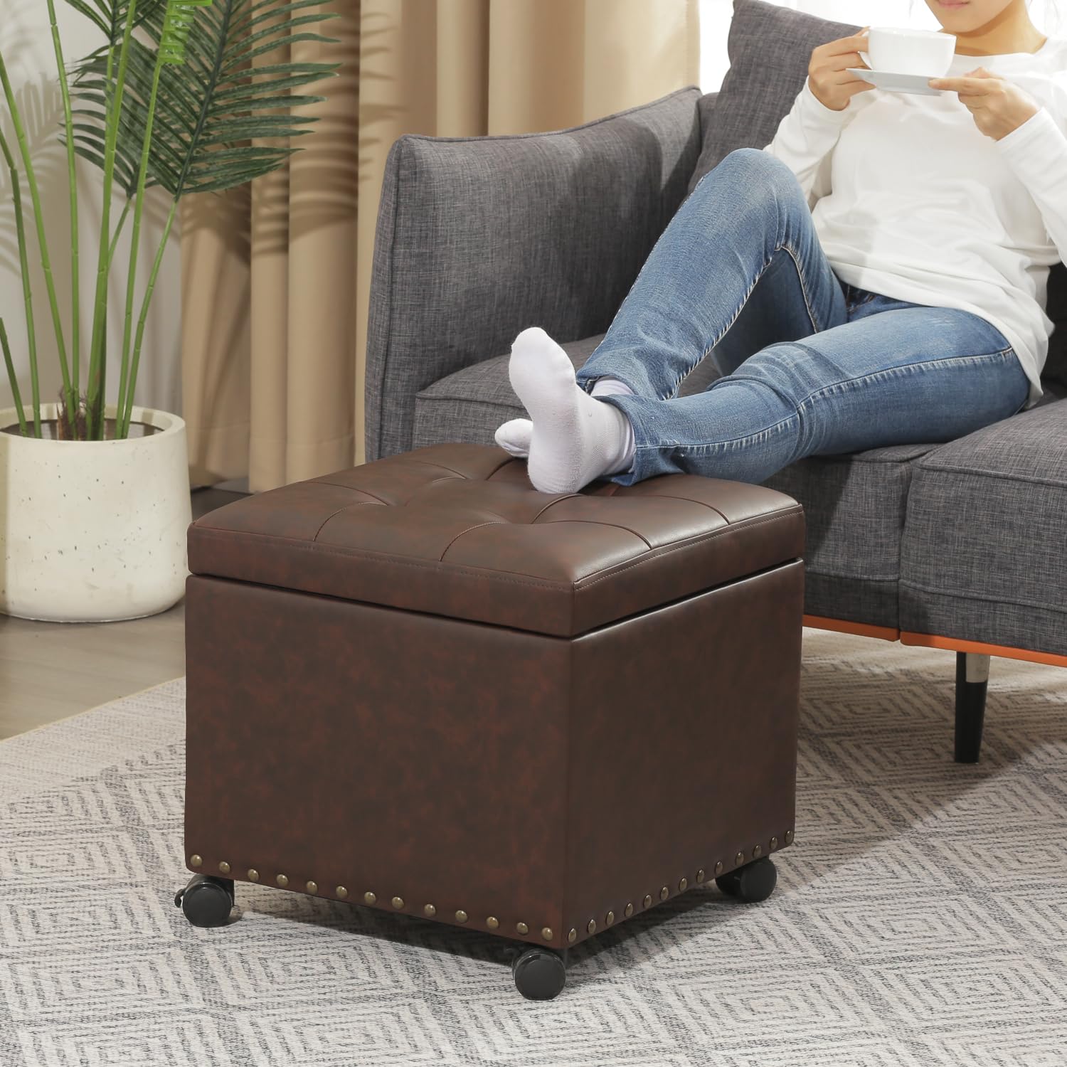 16.7" H Brown Leather Storage Ottoman with 360 Caster Wheels