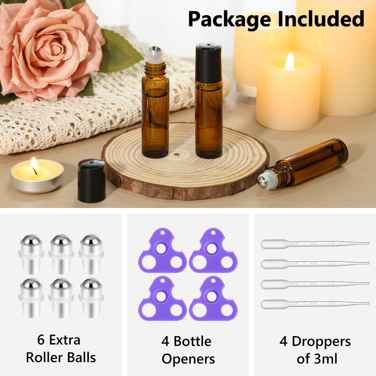 10ml Amber Glass Roller Rottles for Essential Oils (24 Count)