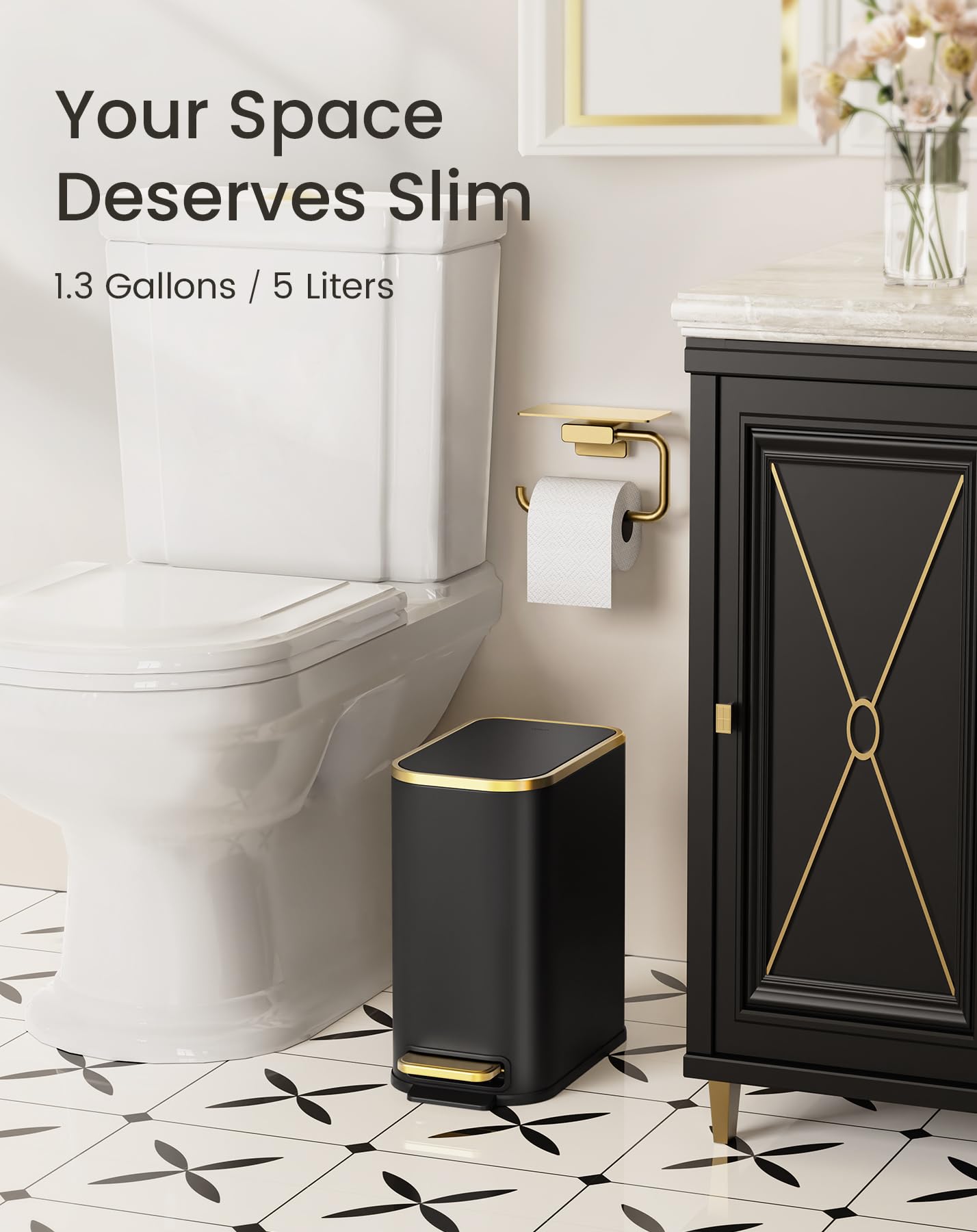 Small Bathroom Trash Can with Gold Grimmed Lid & Pedal