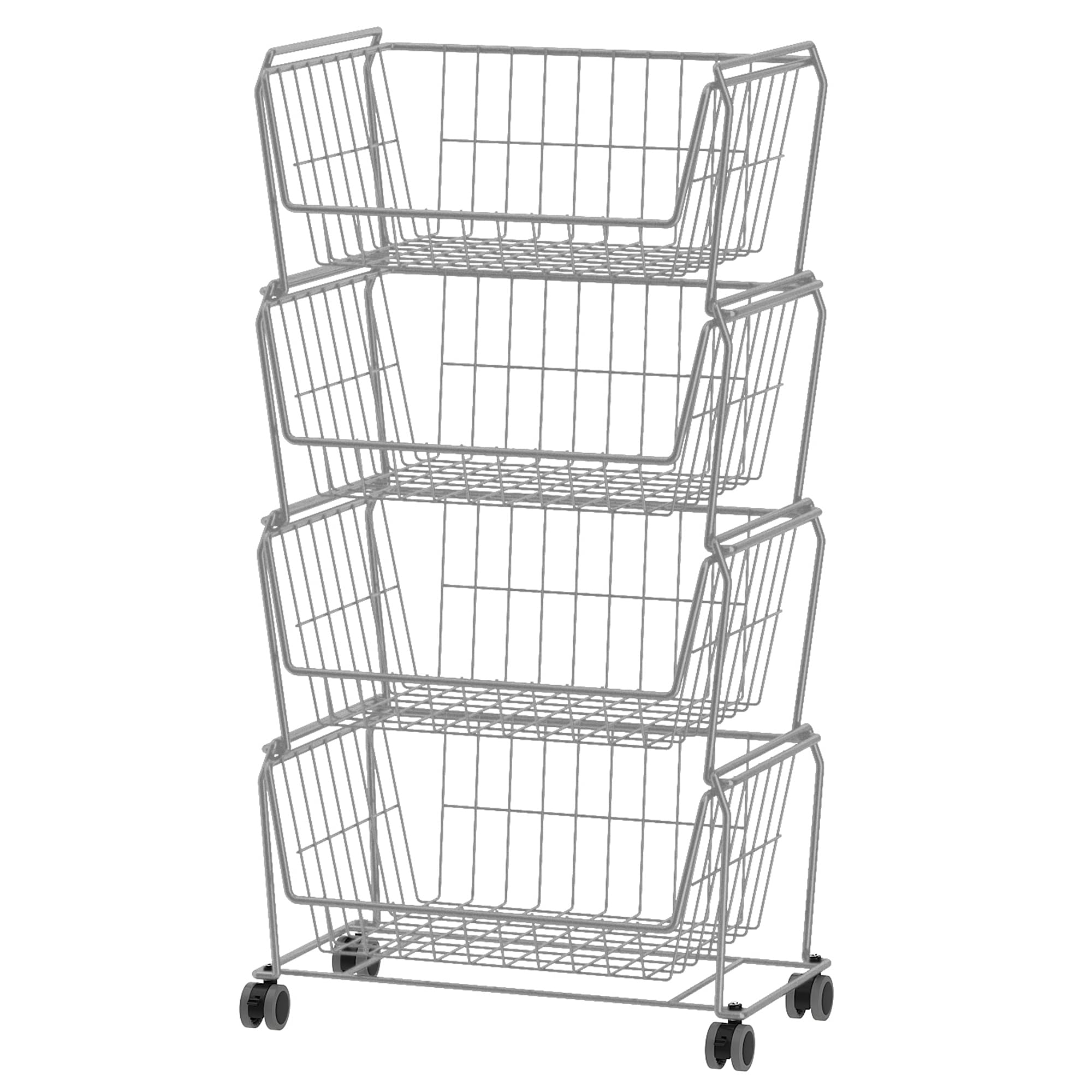 4 Tier Spacious Stackable Wire Storage Baskets with Wheels