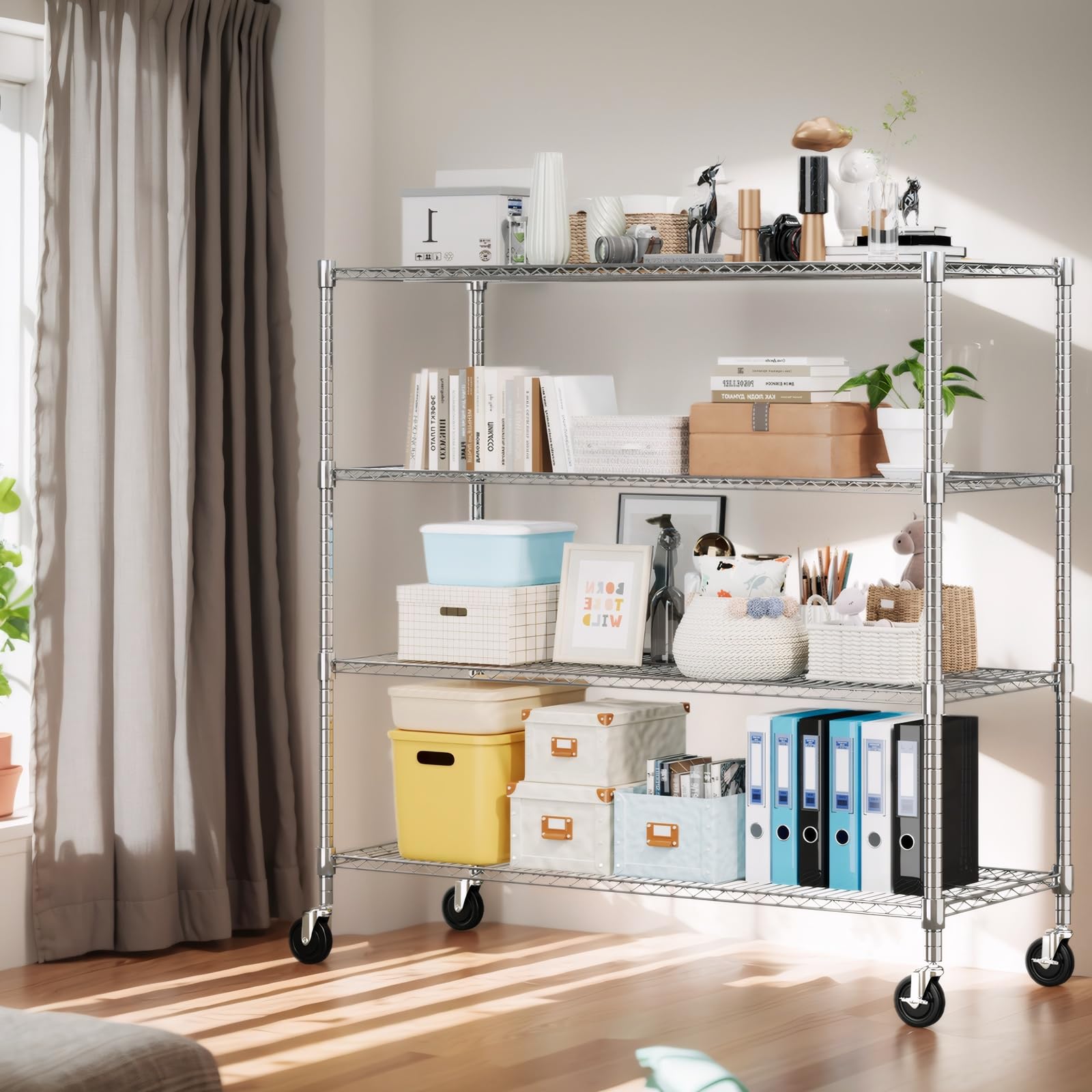 72" H Storage Shelves 4 Tier Metal Shelving Adjustable Wire Shelf with Wheels