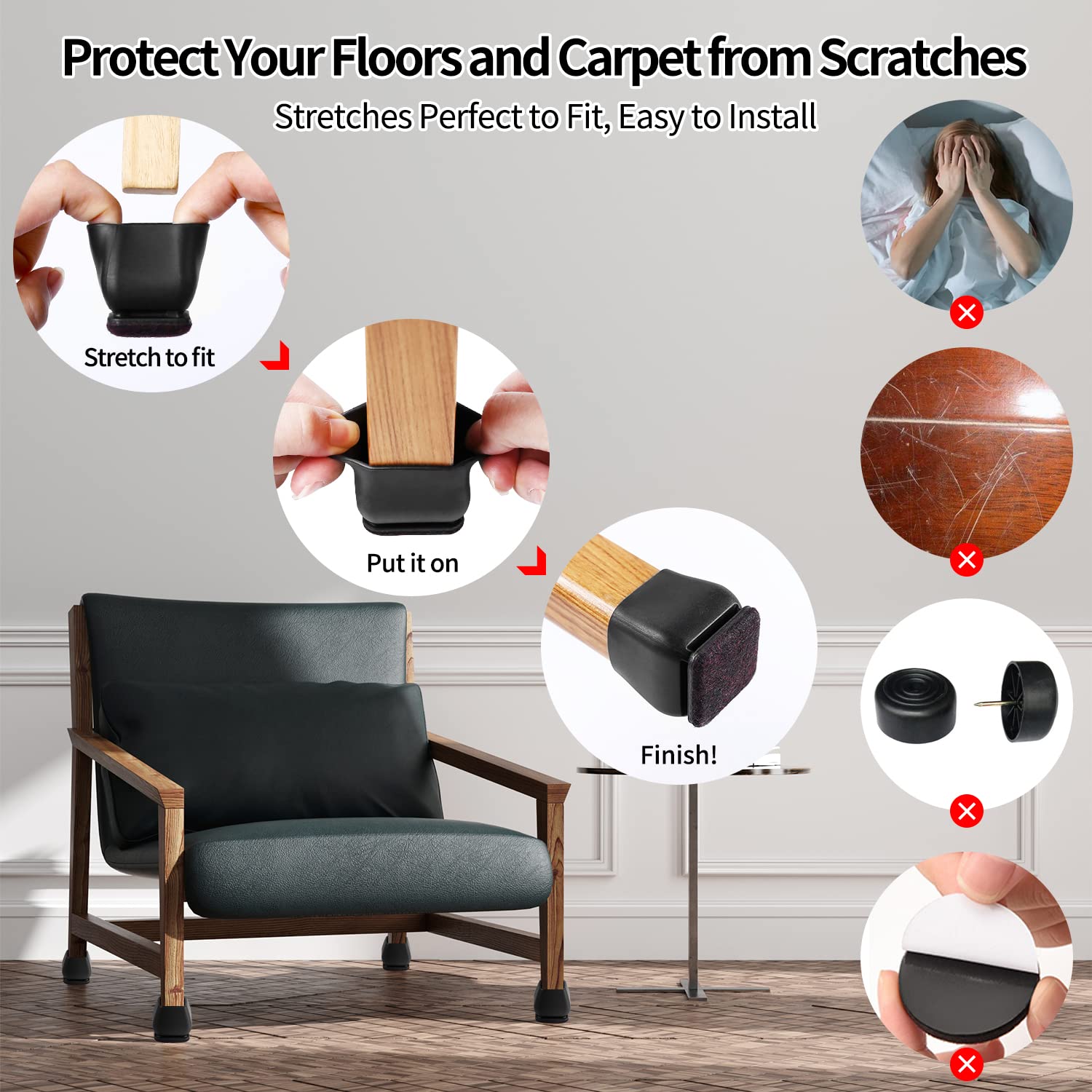 24 Pcs Square Silicone Chair Leg Floor Protectors (24 Count)