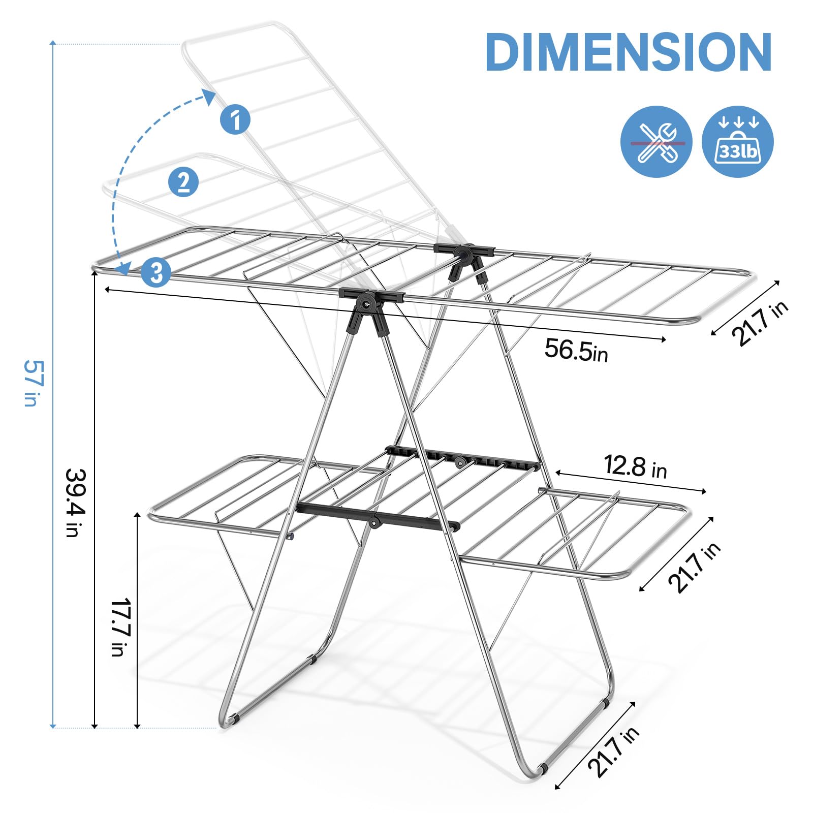 Large Stainless Steel Clothes Drying Rack with 4 Wings