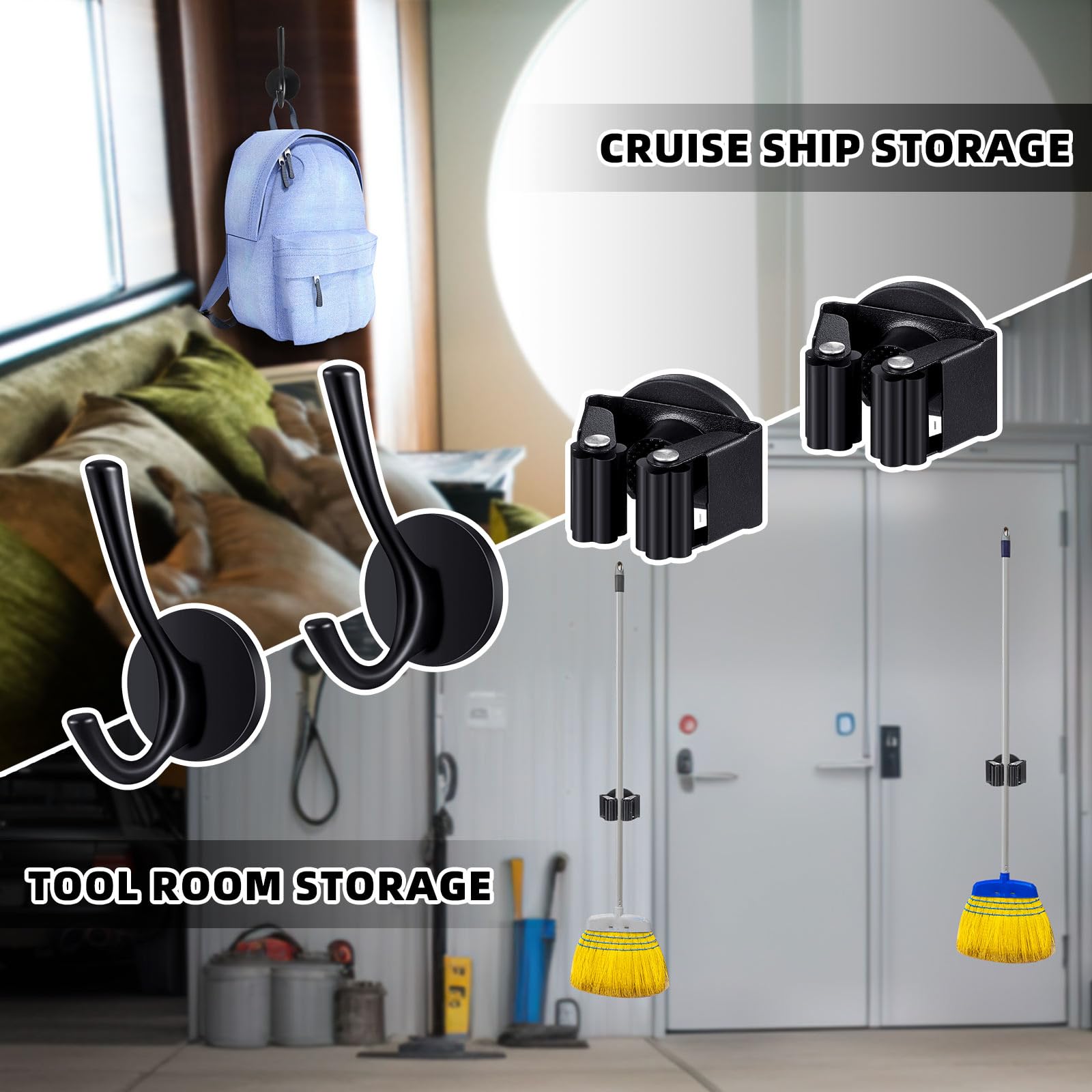 4 Pcs Magnetic Double Hooks Magnetic Coat Hooks Magnetic Mop Broom Holder Movable Magnetic Broom Holder Rack for Garage Kitchen Laundry Garden