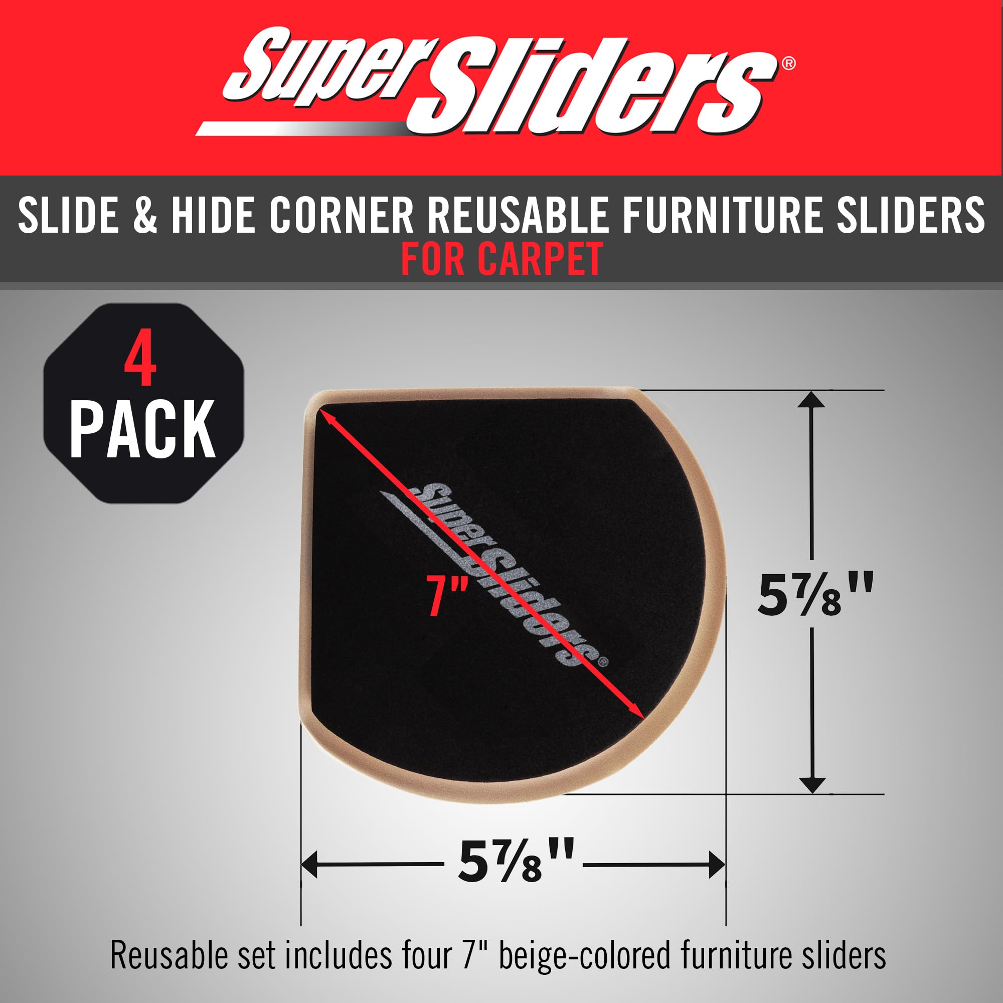 5" Slide & Hide Corner Reusable Furniture Sliders for Carpet (4 Count)