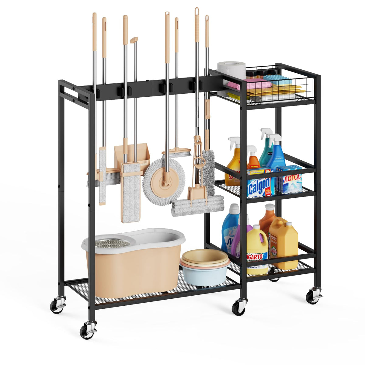Broom Holder with Cleaning Supplies Organizer