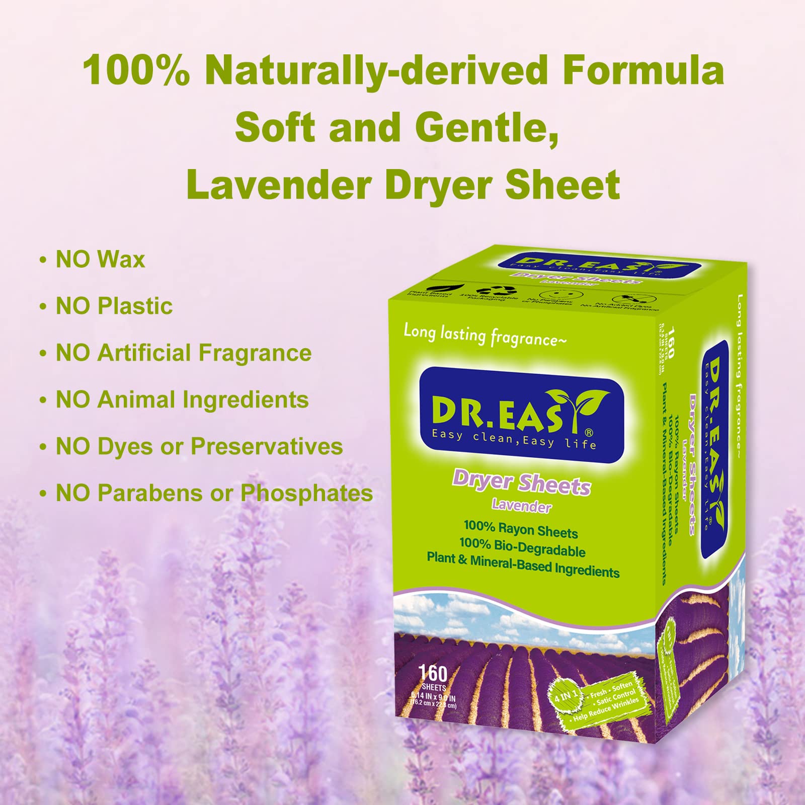 Dr.Easy Dryer Sheets Lavender Plant Based all ingredients for Sensitive Skin 160 Ct 100% Rayon Fabric Softener sheet for laundry No Dyes Reduce Static & Wrinkles Soften Clothes Help Repel Pet Hair (160 Count)