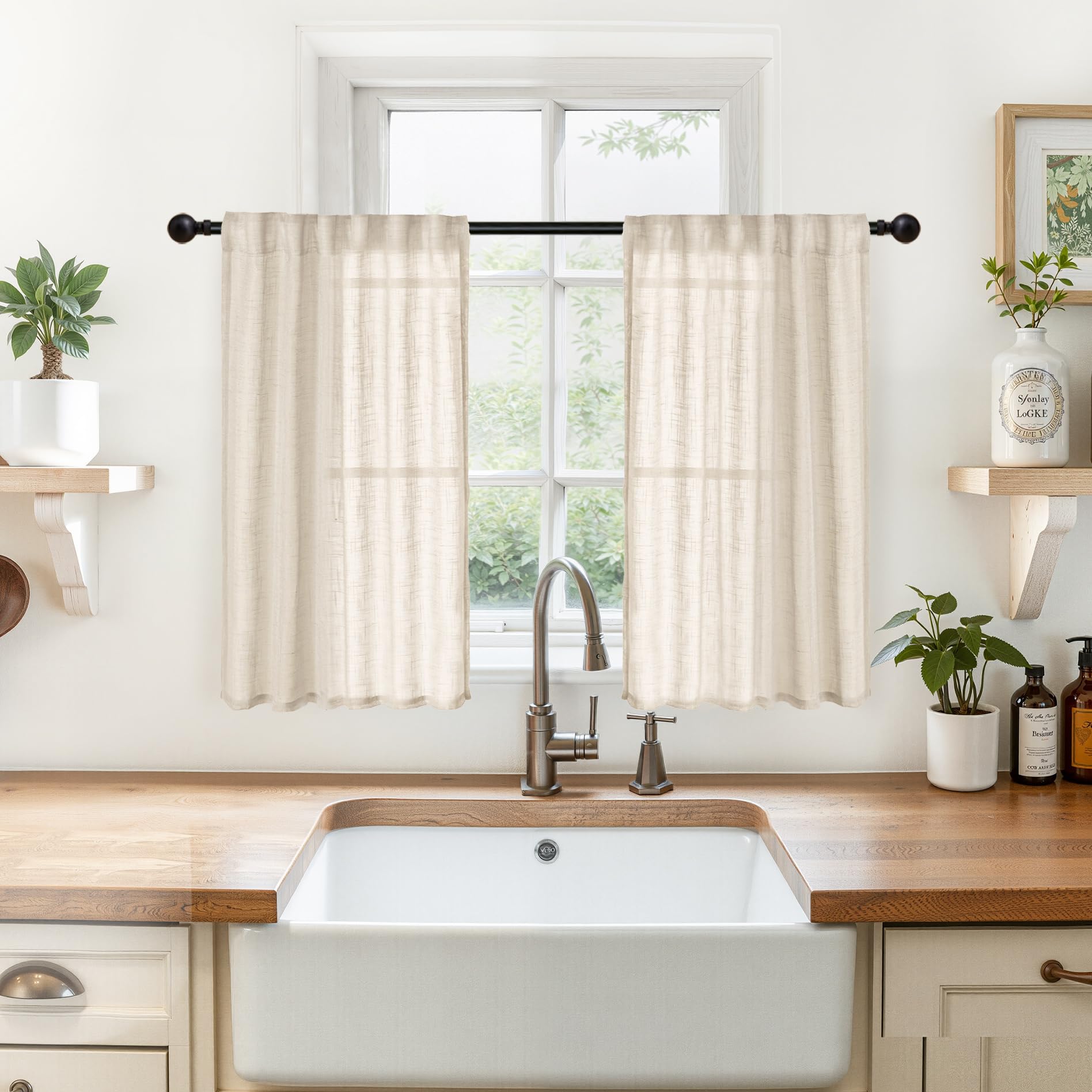 Linen Curtains 36 Inch Length for Kitchen Window Over Sink (2 Count)